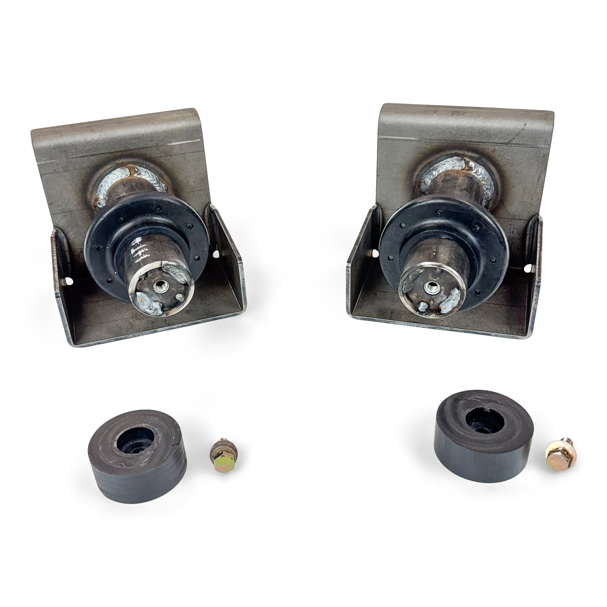Pair of heavy-duty steel off-road suspension brackets with bushings and bolts for trucks