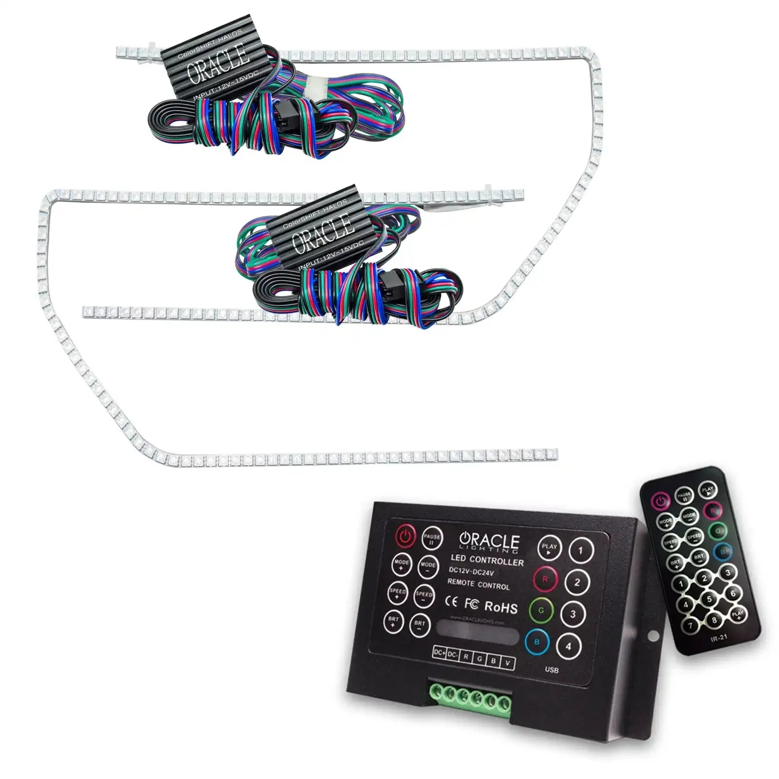 RGB LED strip lights kit with wiring, control box, and remote for vehicle lighting upgrades