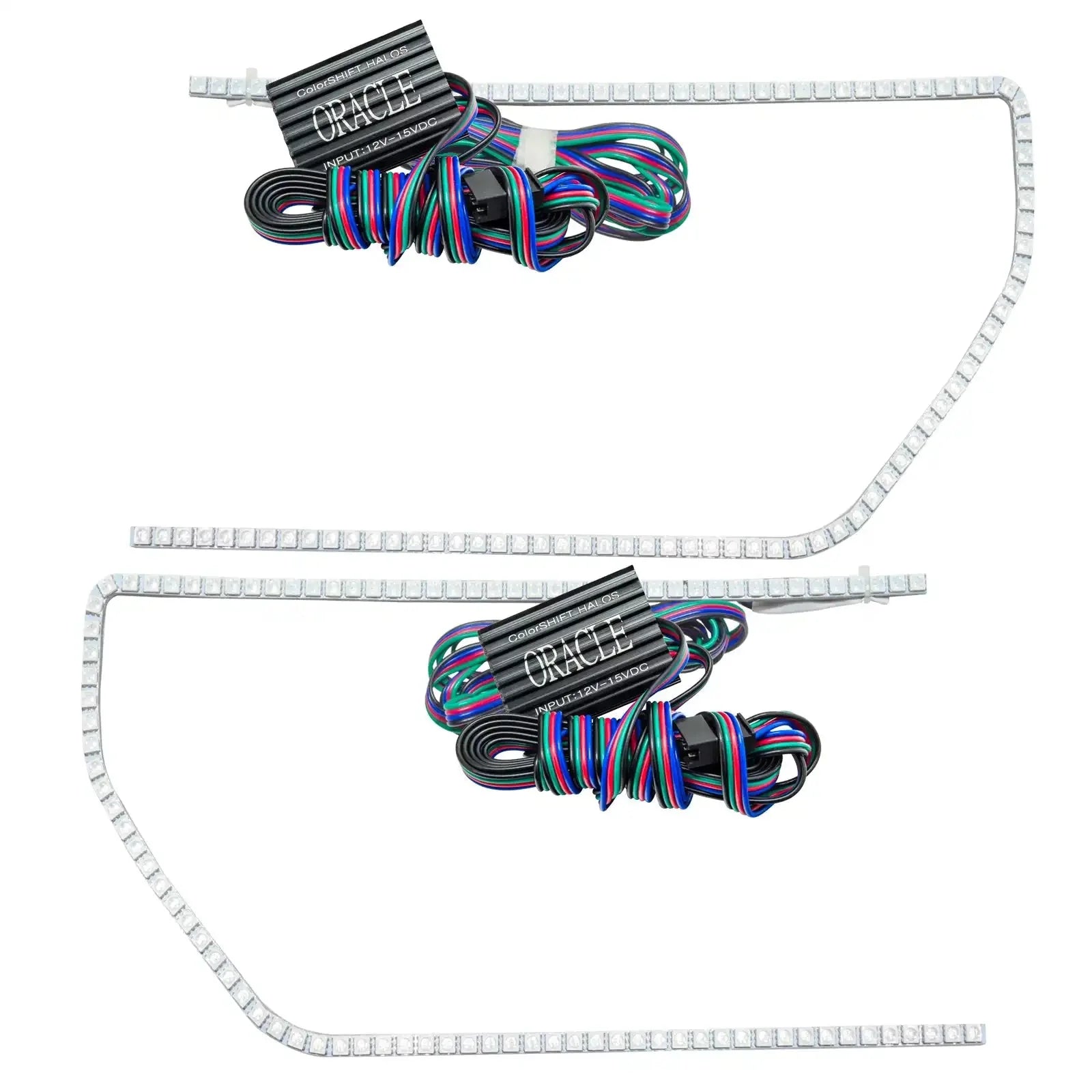 Pair of color-changing LED light strips with wiring harness, ideal for overlanding vehicle headlight customization.