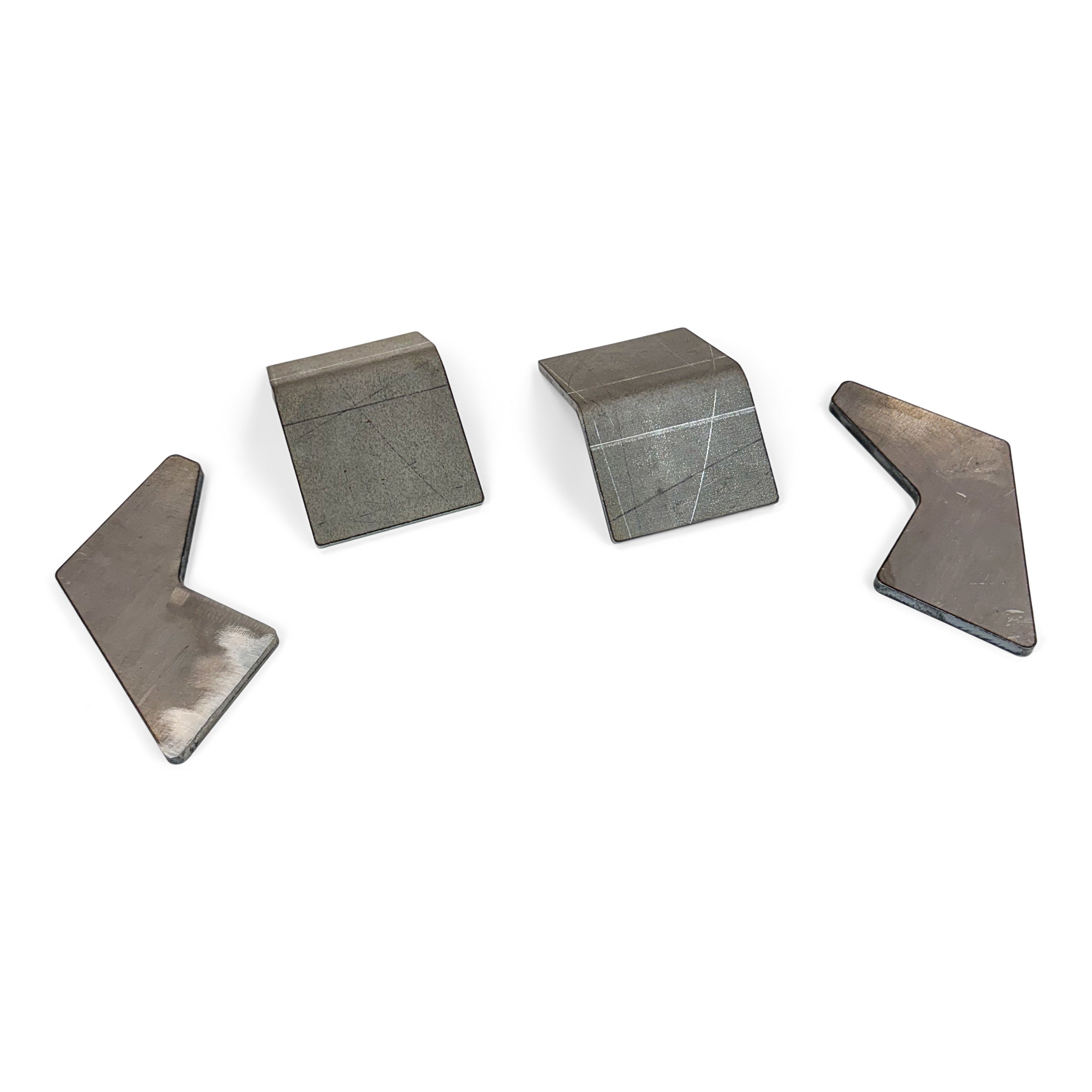 Set of four raw steel mounting brackets for off-road vehicle accessories on white background