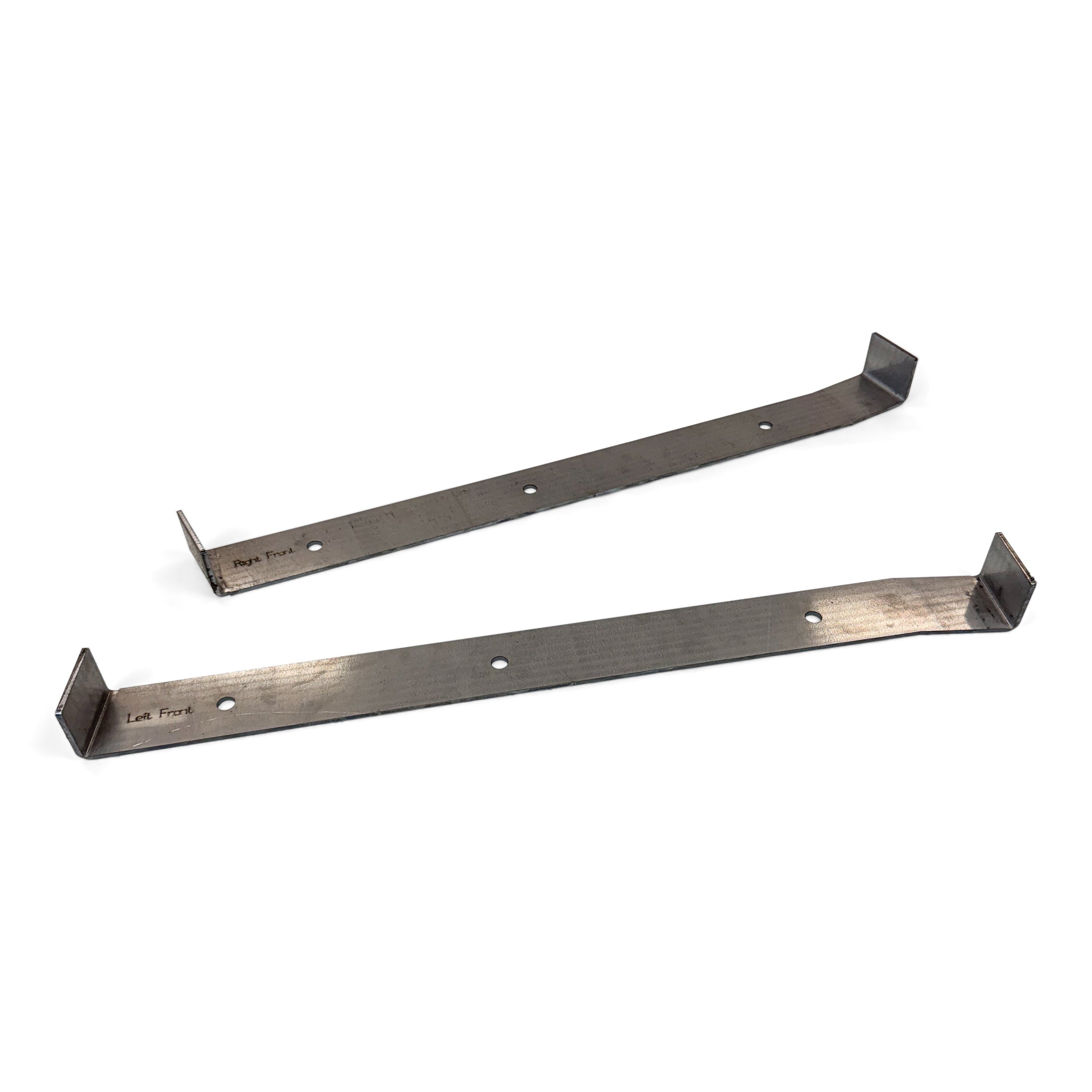 Steel mounting brackets for overlanding vehicle accessories on white background