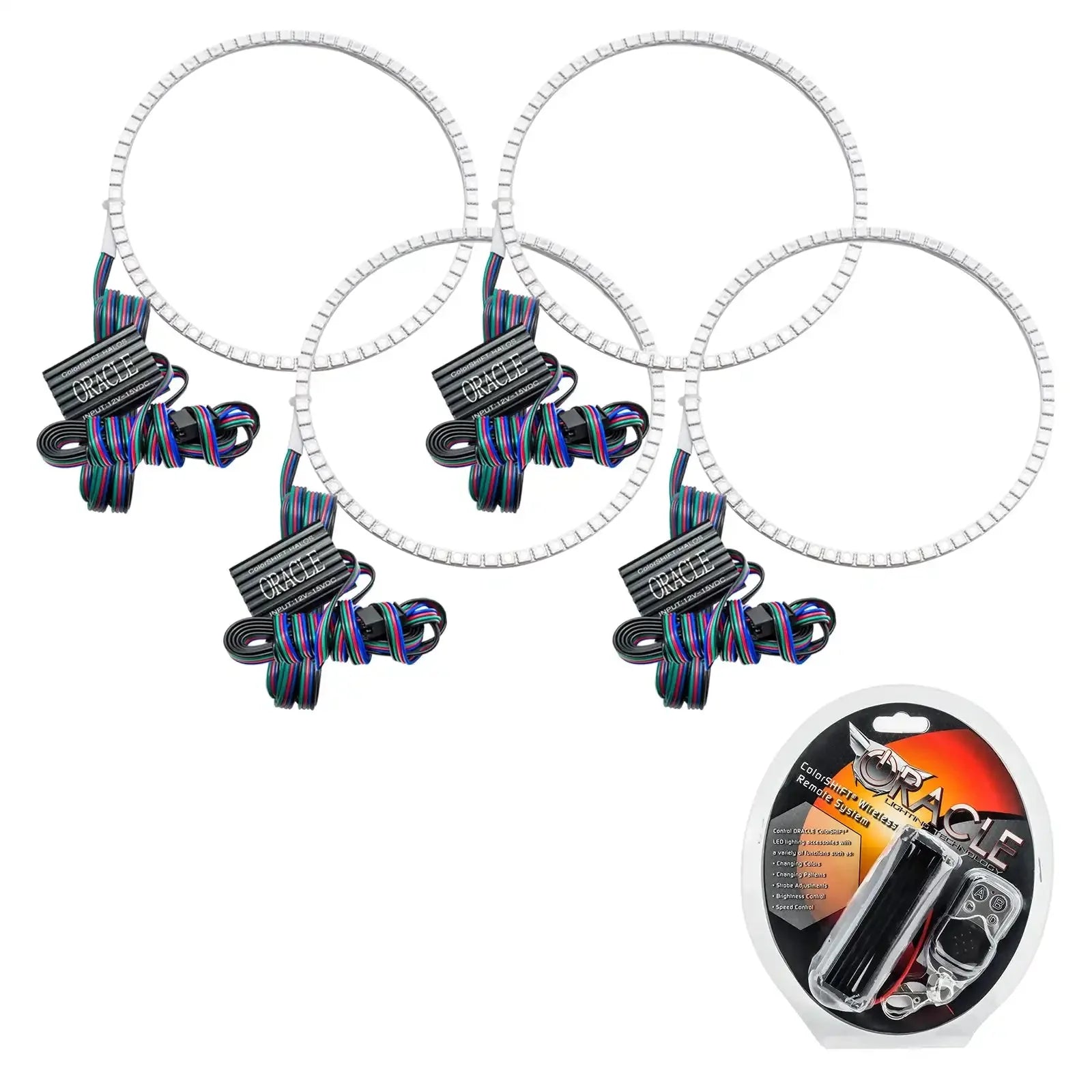 LED halo ring lights kit with wiring and remote for vehicle headlights