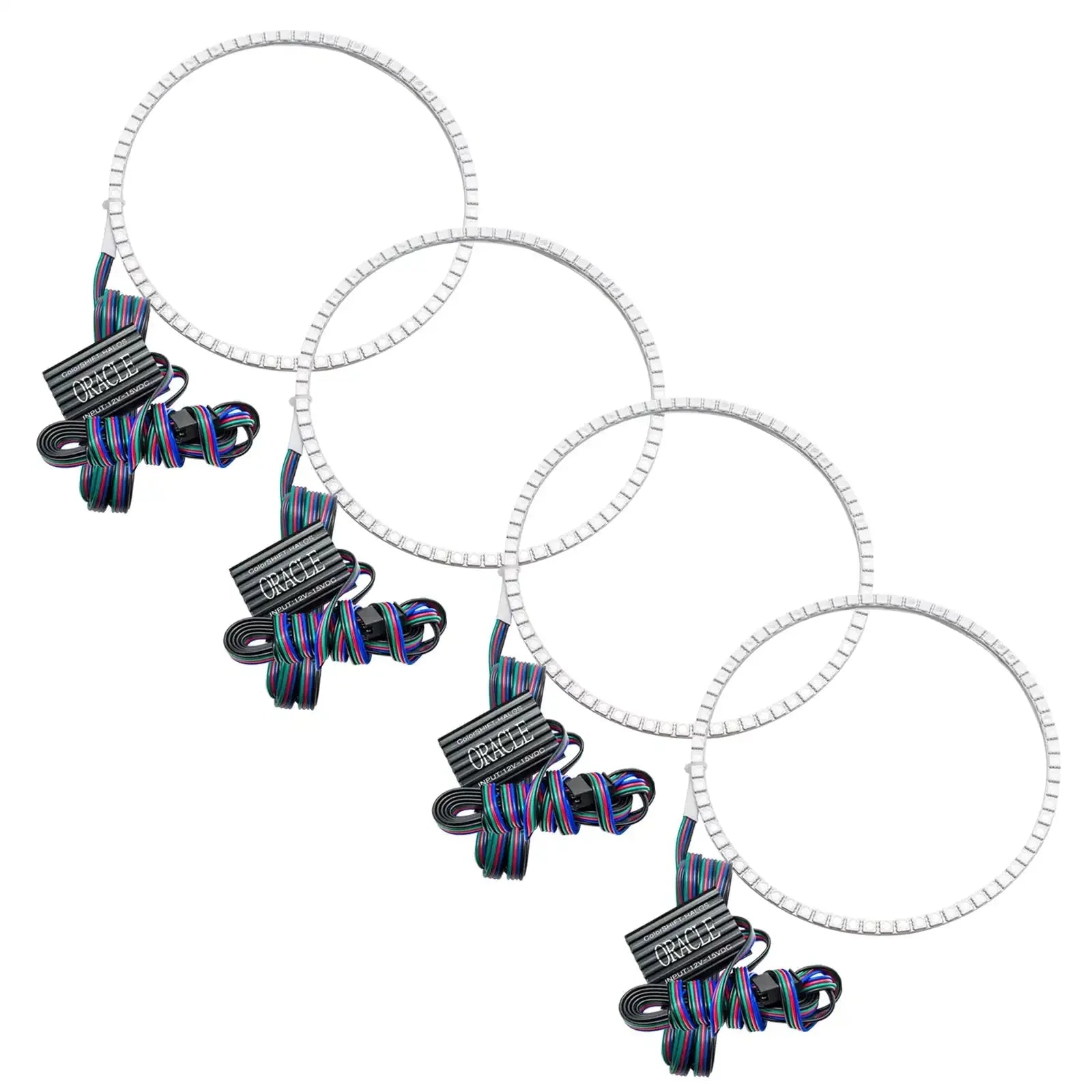 Four LED halo headlight rings with attached wiring for vehicle lighting upgrades