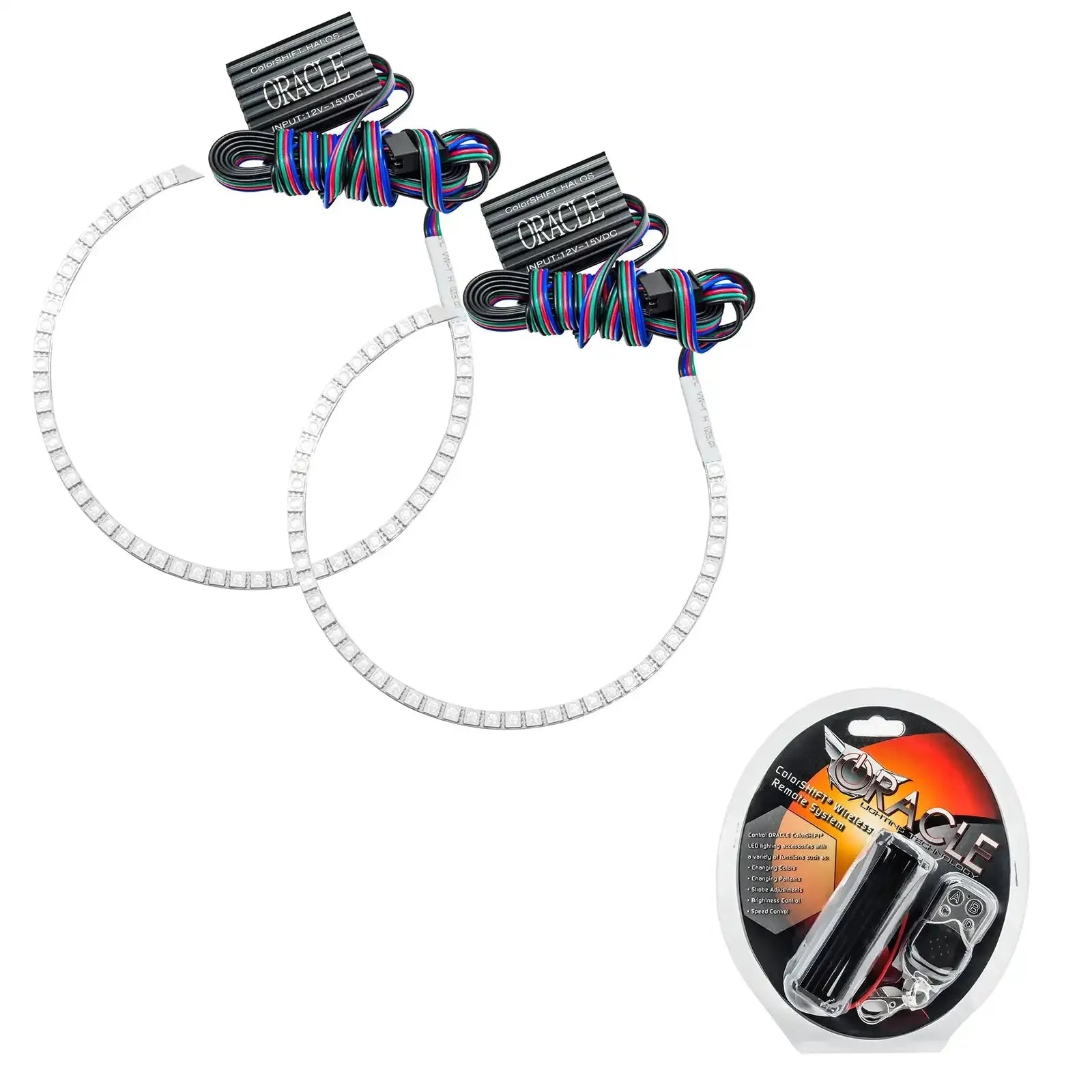 LED halo light ring kit with wiring harness and remote control for off-road vehicle headlights