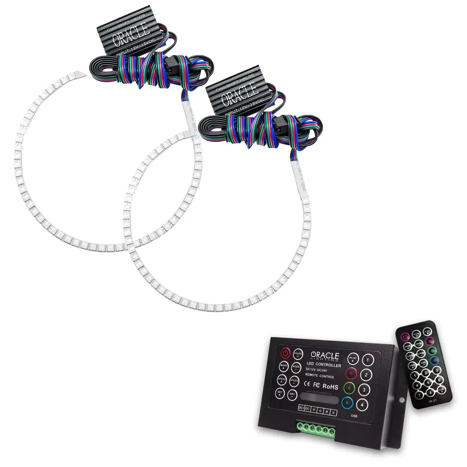 Pair of LED halo rings with control modules and remote, vehicle headlight accessory kit