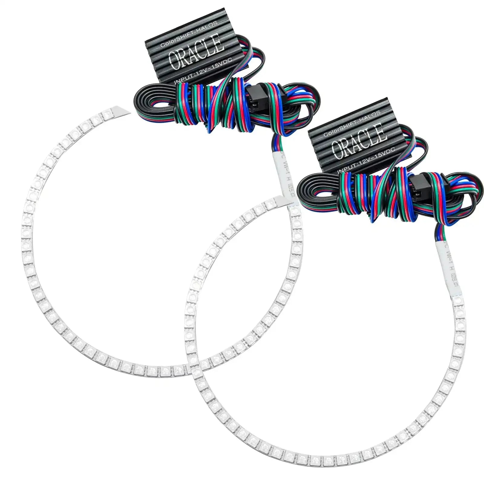 Pair of LED halo ring lights with multicolor wiring for vehicle headlights or off-road lighting