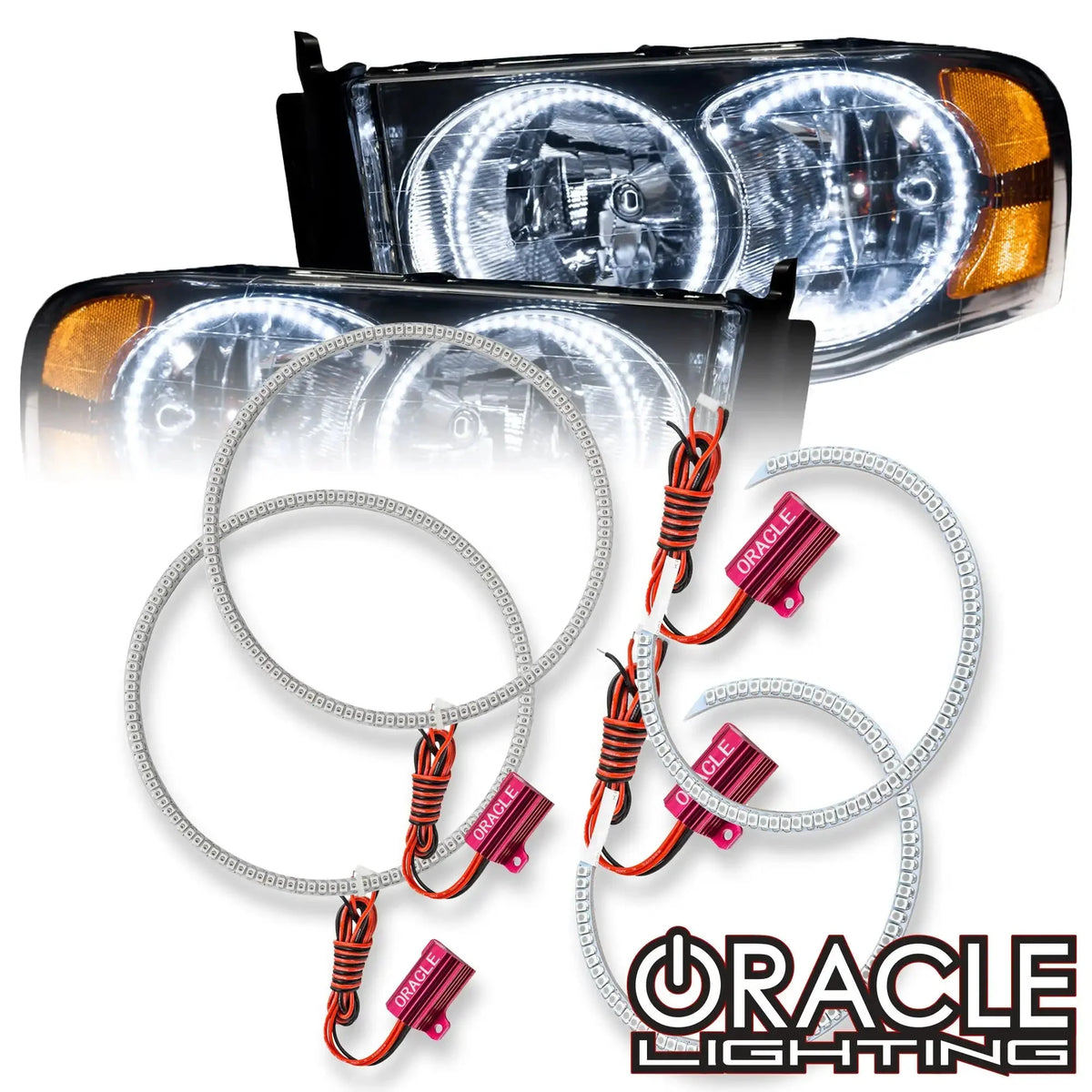 ORACLE Lighting LED headlight halo kit for the 2002-2005 Dodge Ram, halo rings with resistors above Ram headlights