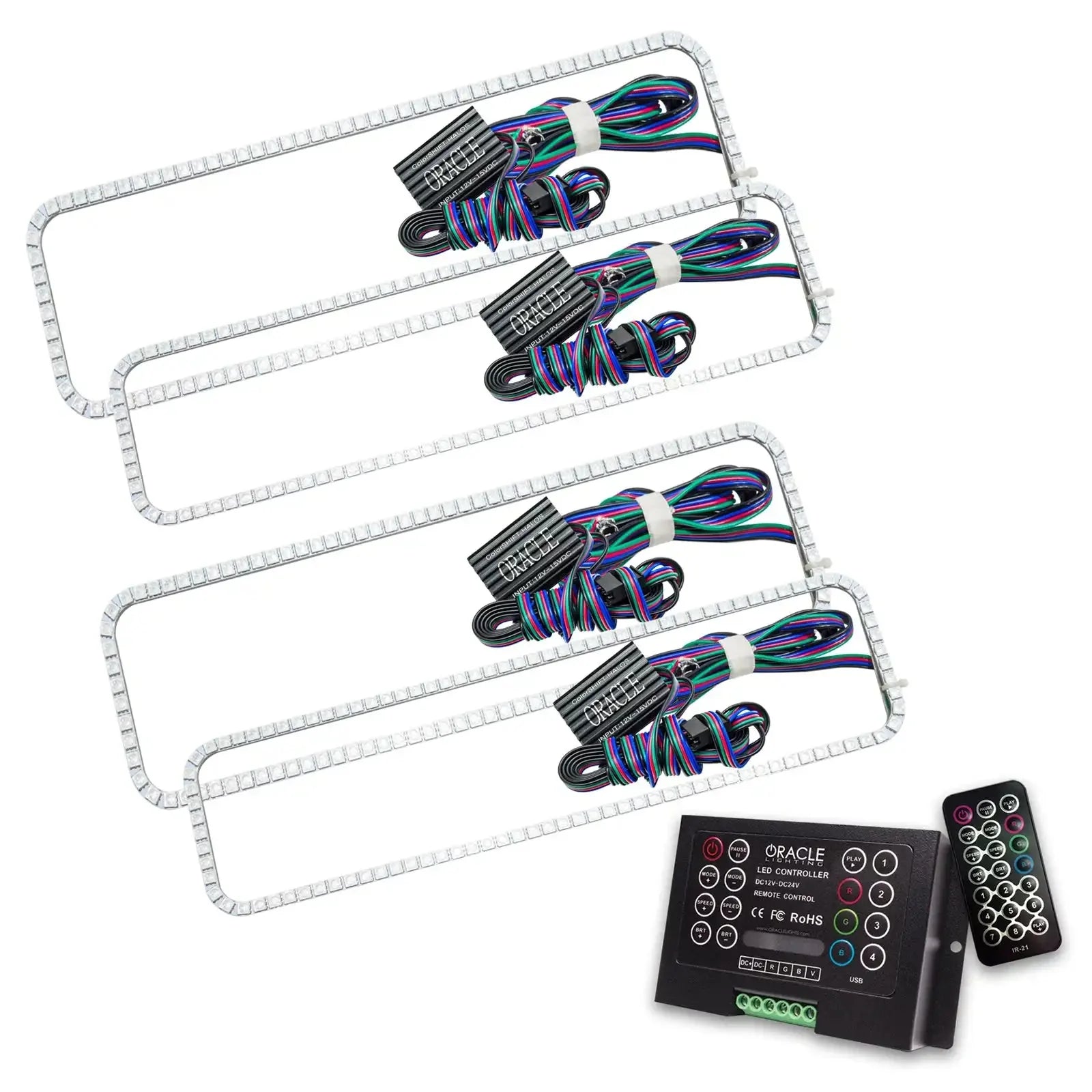 LED light kit with four rectangular strips, multi-color wiring, controller and remote for vehicle customization