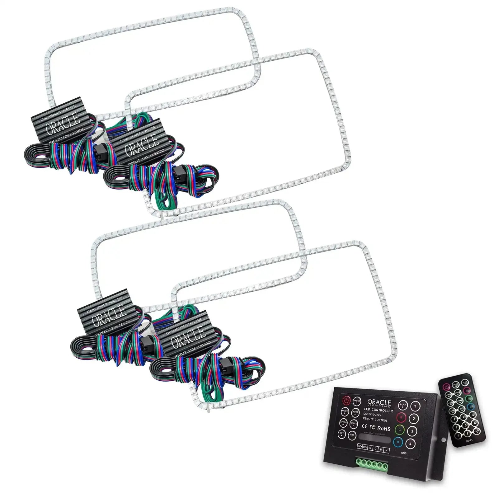 LED light halo kit with wiring, controller, and remote for vehicle headlights or grills