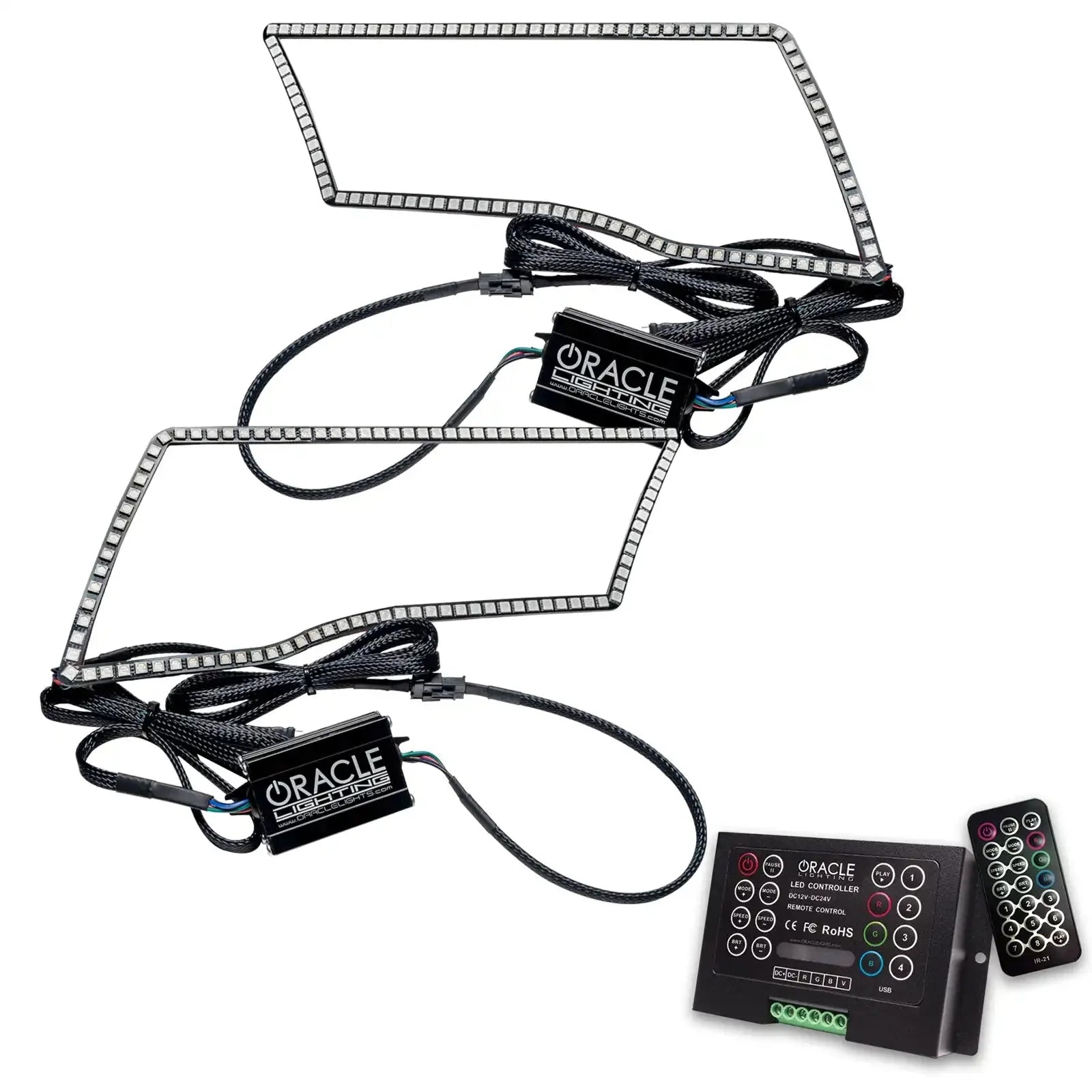 Pair of LED halo light kits with wiring, controller, and remote for vehicle headlights