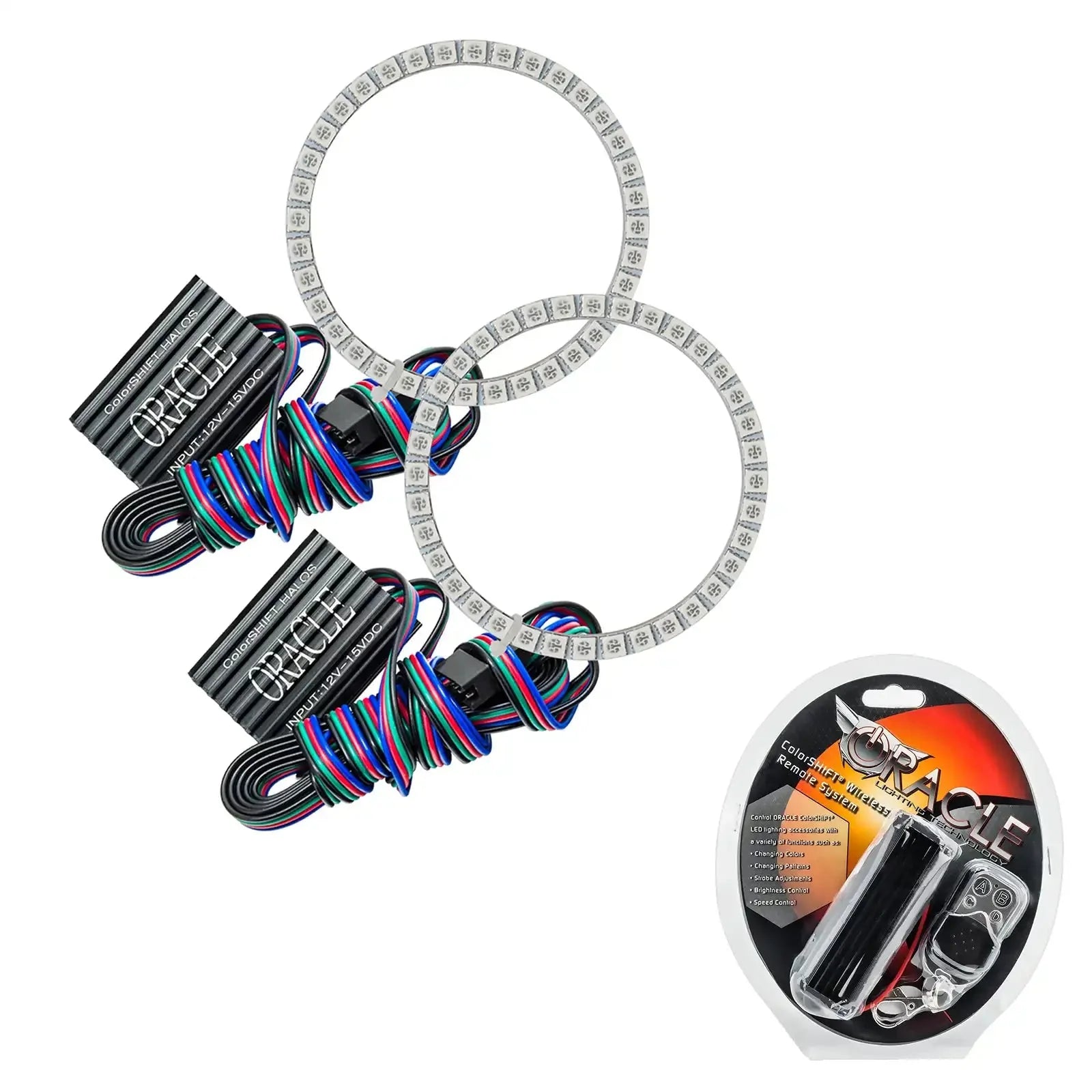 LED RGB headlight halo ring kit with wiring and remote for off-road vehicles.