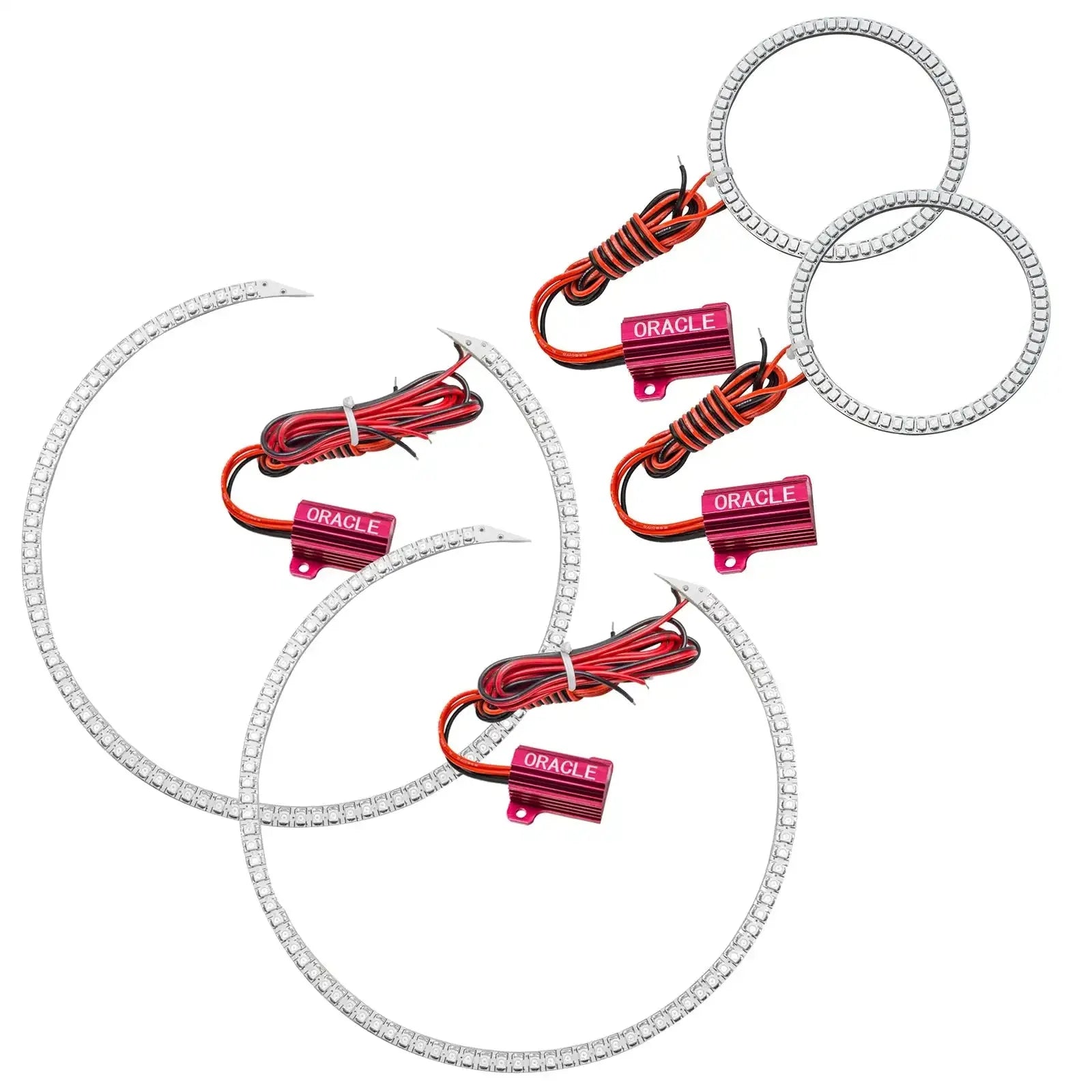 LED halo headlight ring kit with red wiring harness and LED modules for off-road vehicles