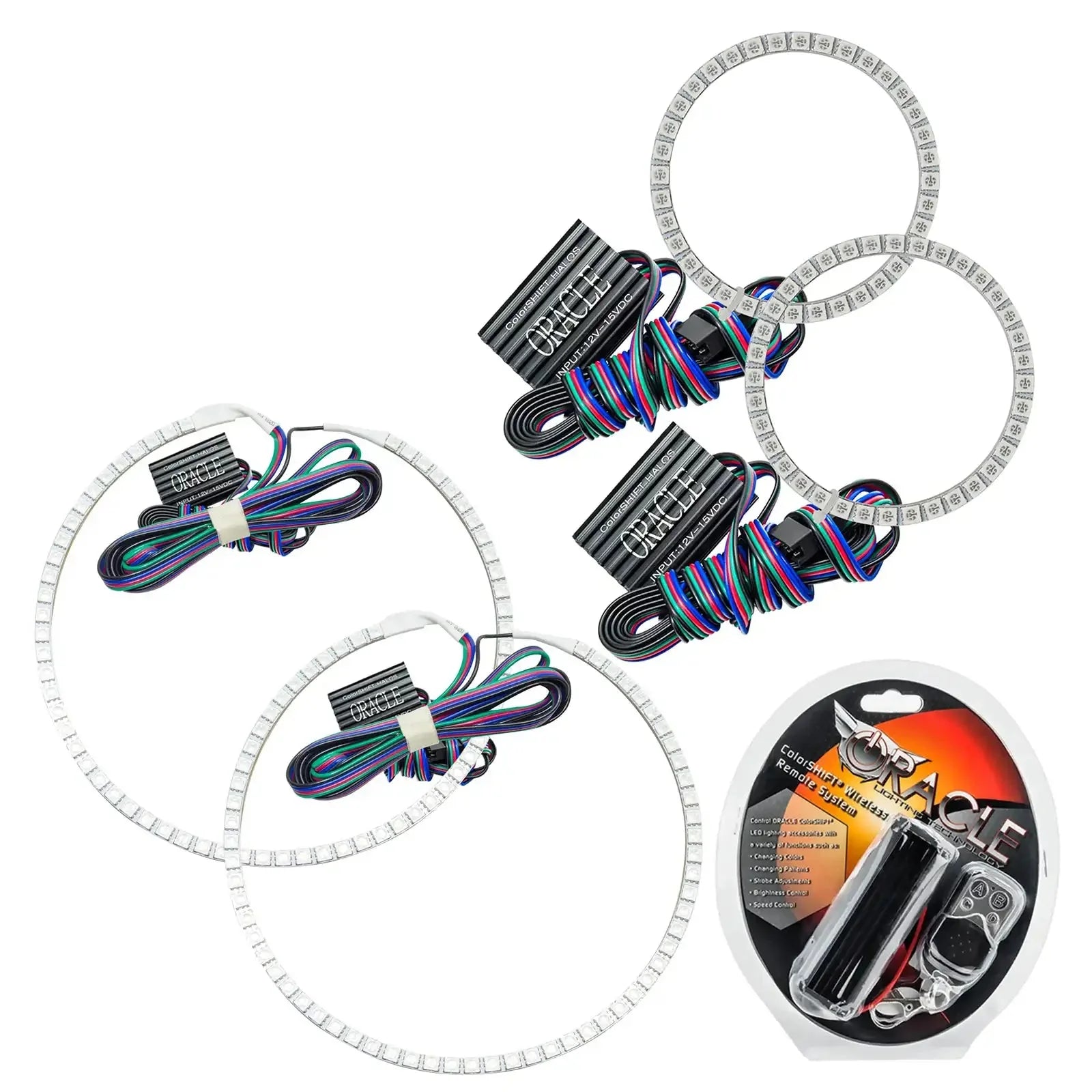 LED halo headlight ring kit with remote and wiring for off-road or overlanding vehicles