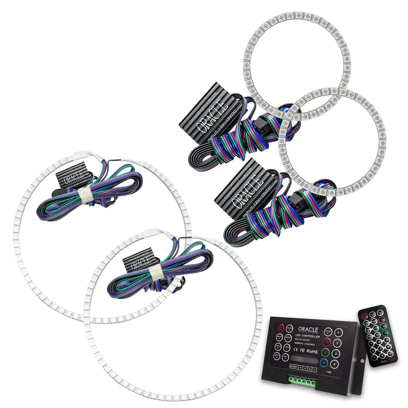 RGB LED halo ring headlight kit with wiring harness and remote controller for off-road vehicles