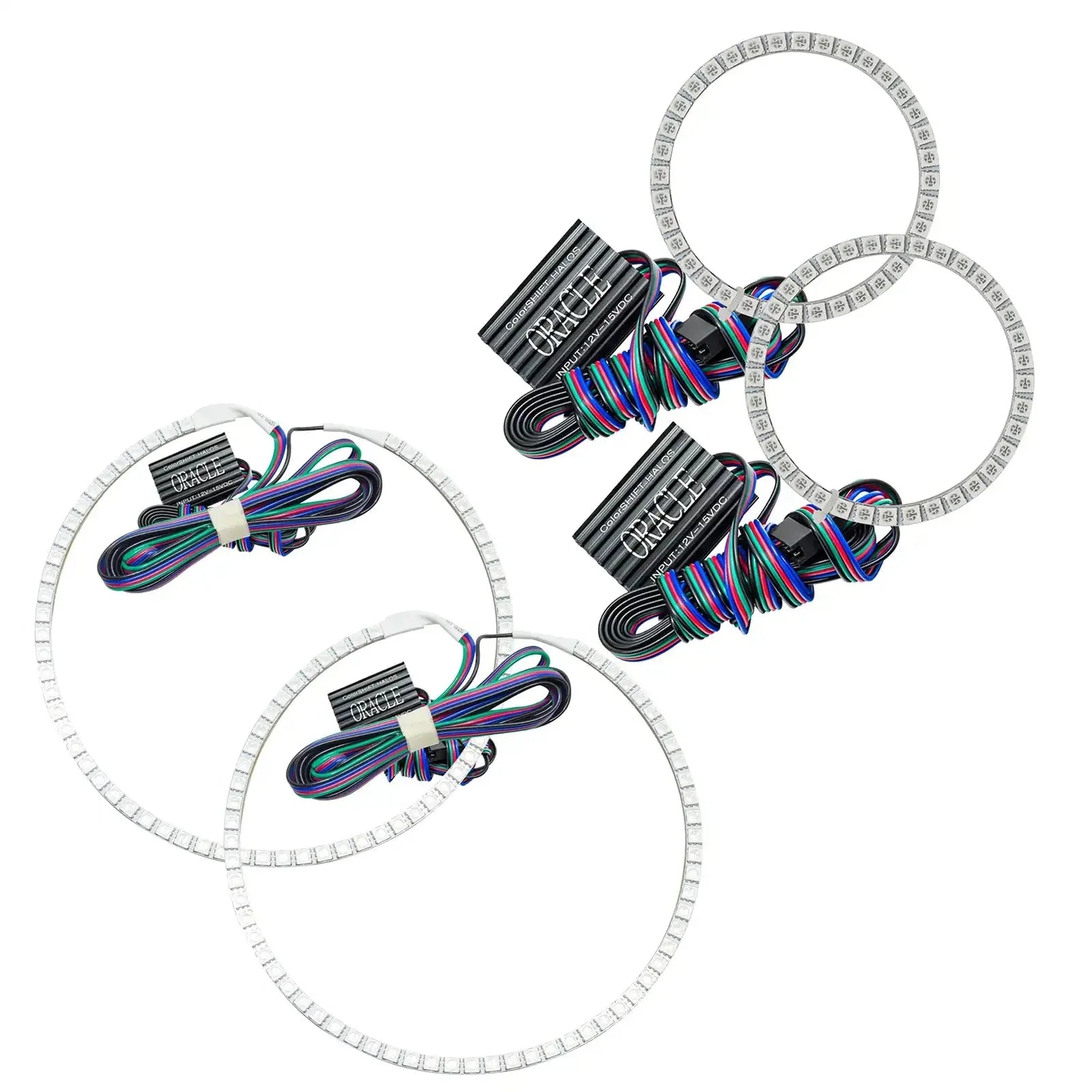 RGB LED halo ring headlight kit with wiring, suitable for overlanding vehicles and trucks.
