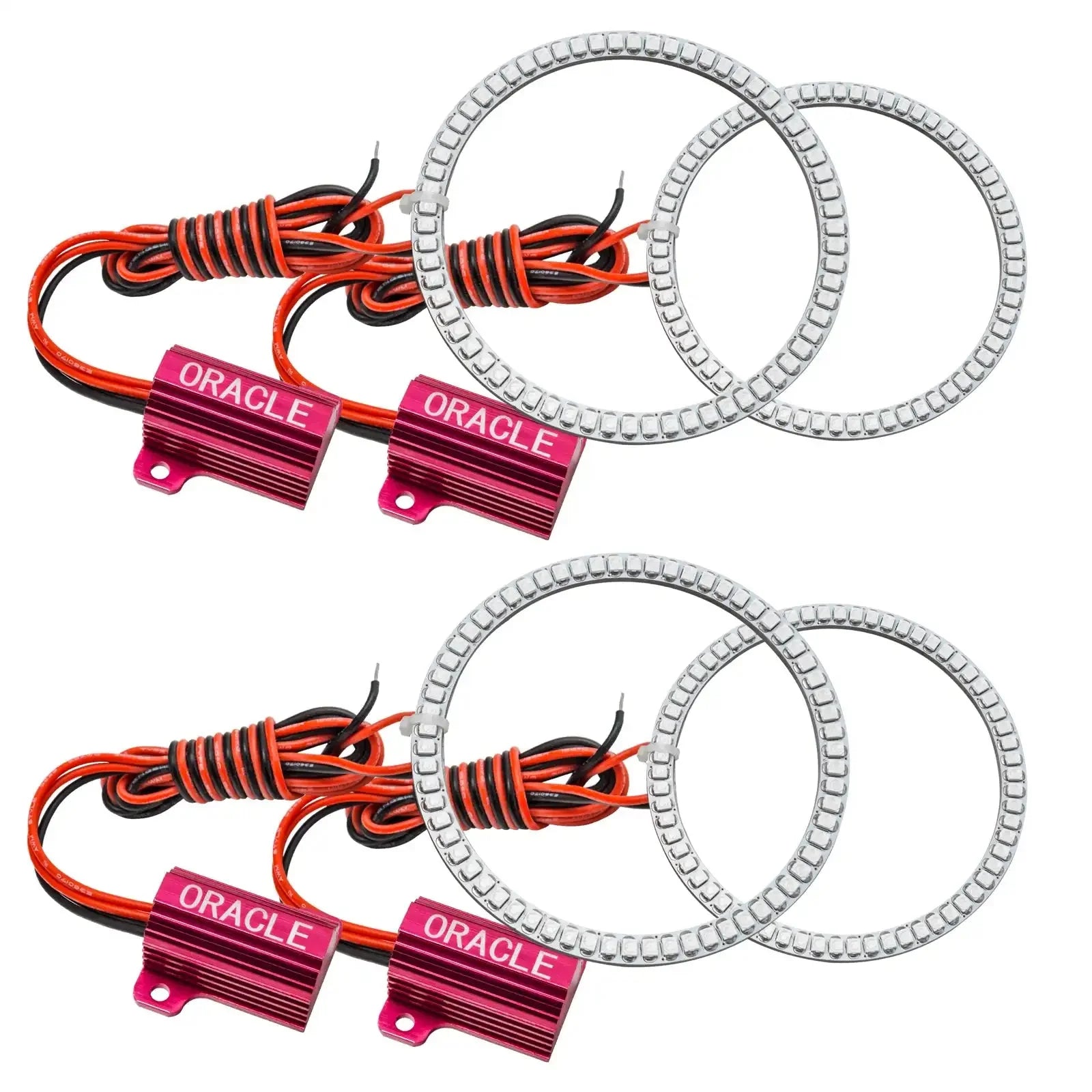 LED halo headlight rings with wiring and red Oracle connectors for off-road vehicles