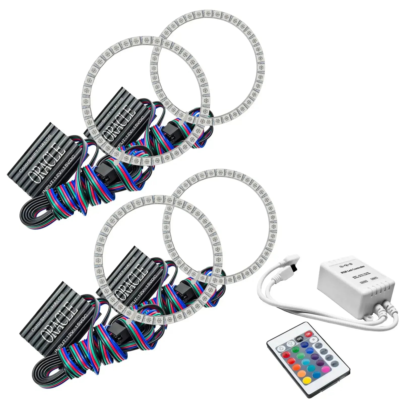 LED halo ring lights kit with multicolor wiring, control box, and remote for vehicle headlights
