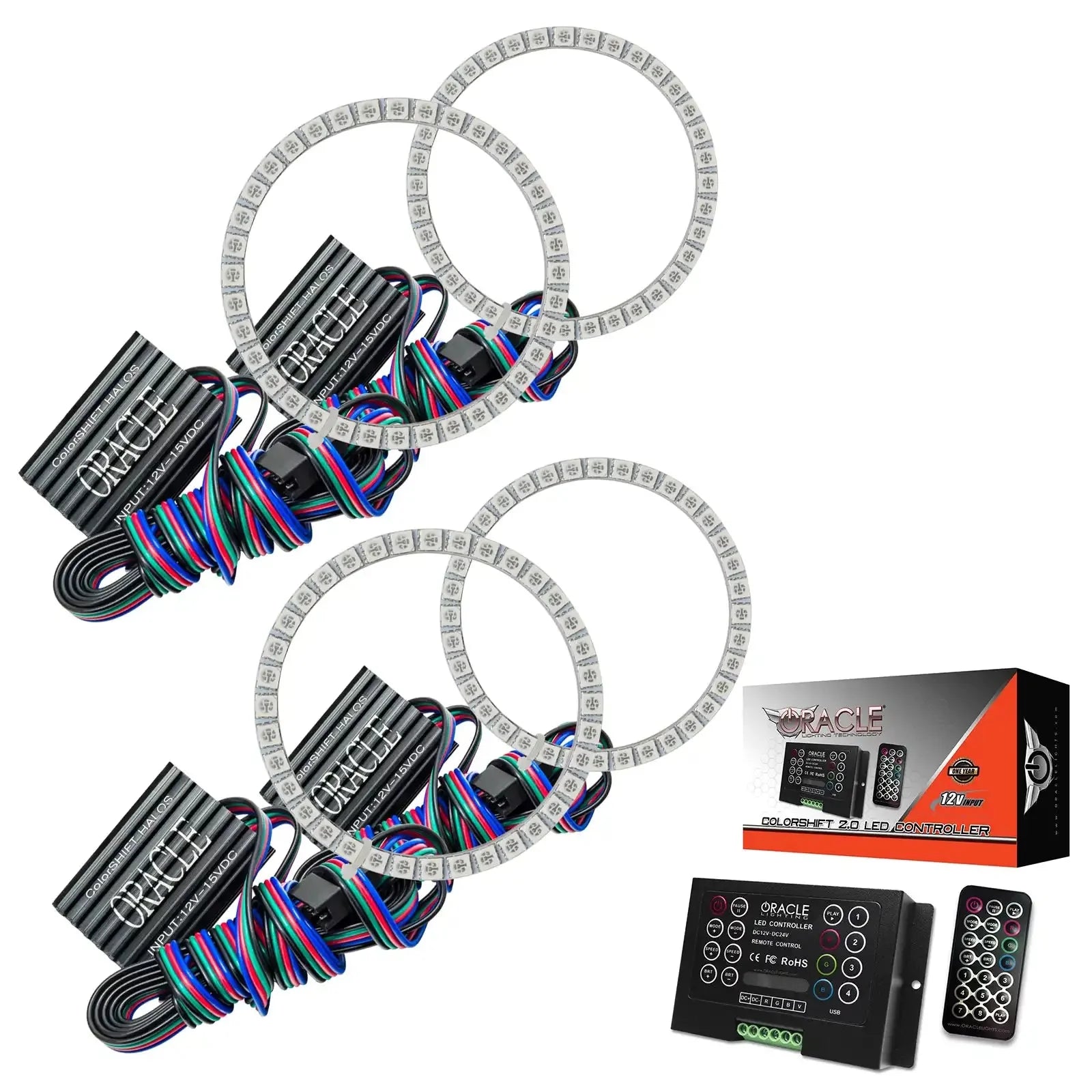 LED halo ring lights kit with multicolor wires, control modules, remote, and packaging