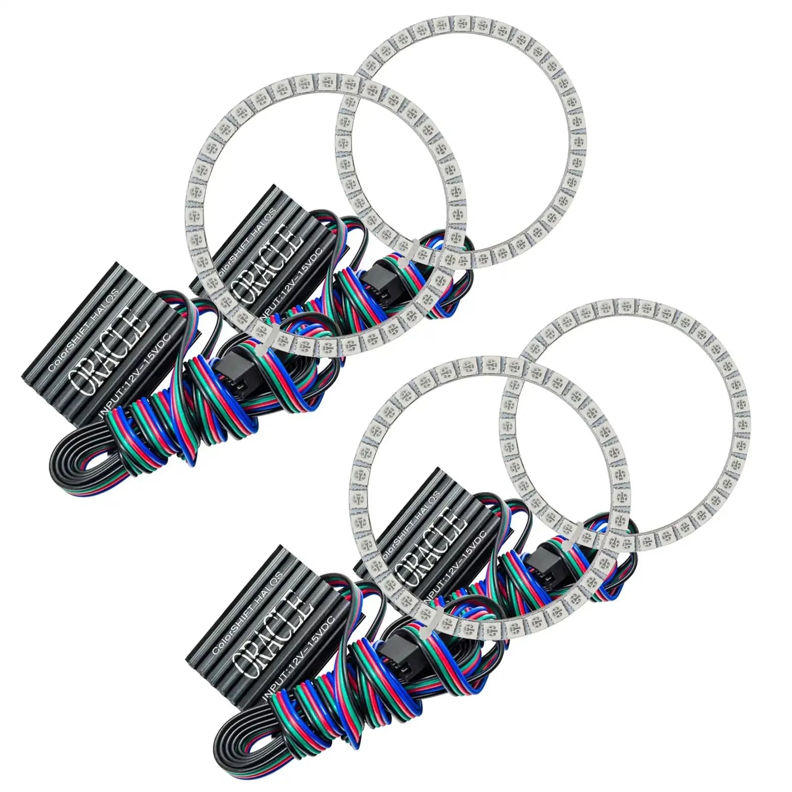 Four RGB LED halo rings with wiring and controllers for vehicle headlights or fog lights