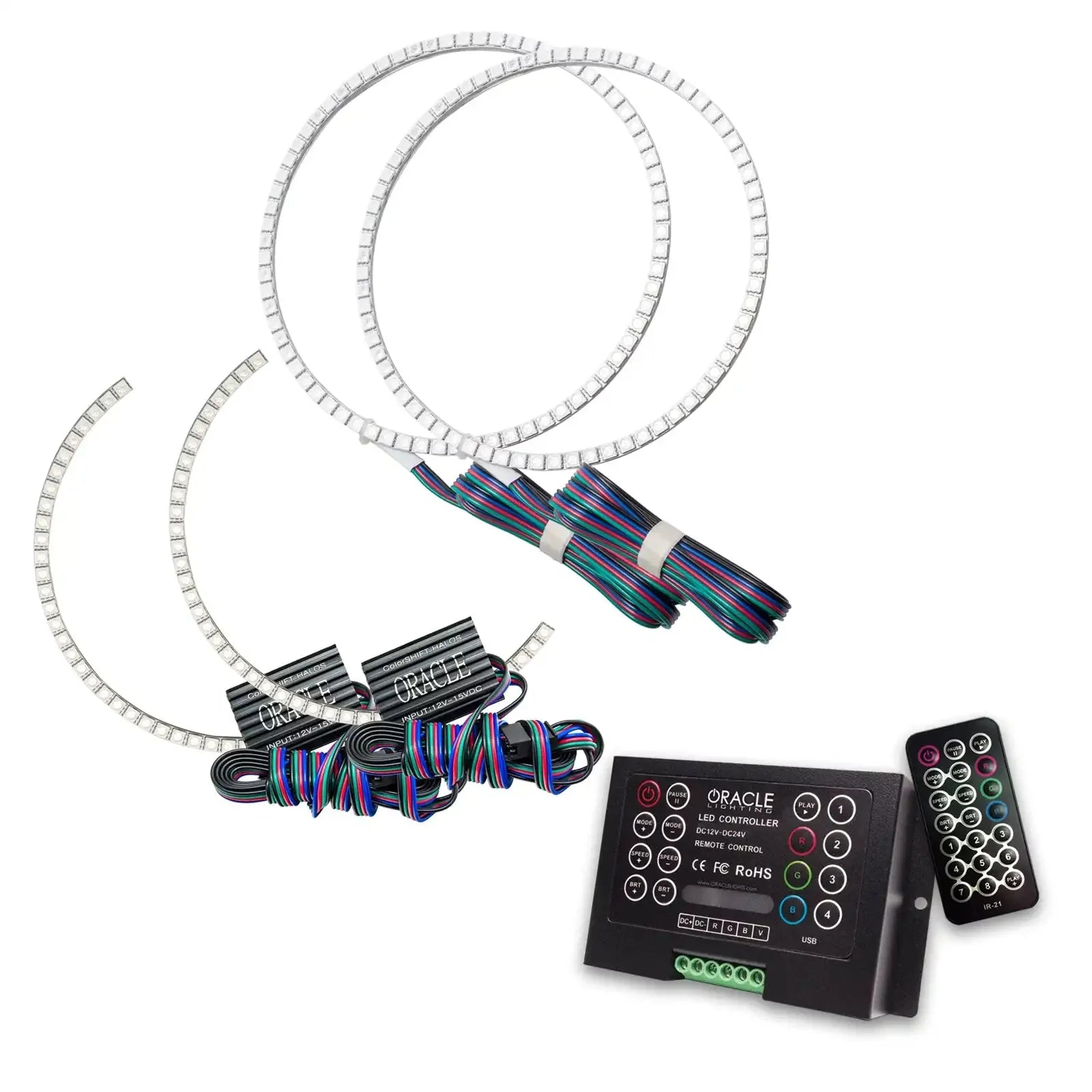 LED halo ring lights with multi-color wiring, control box, and remote for vehicle headlights
