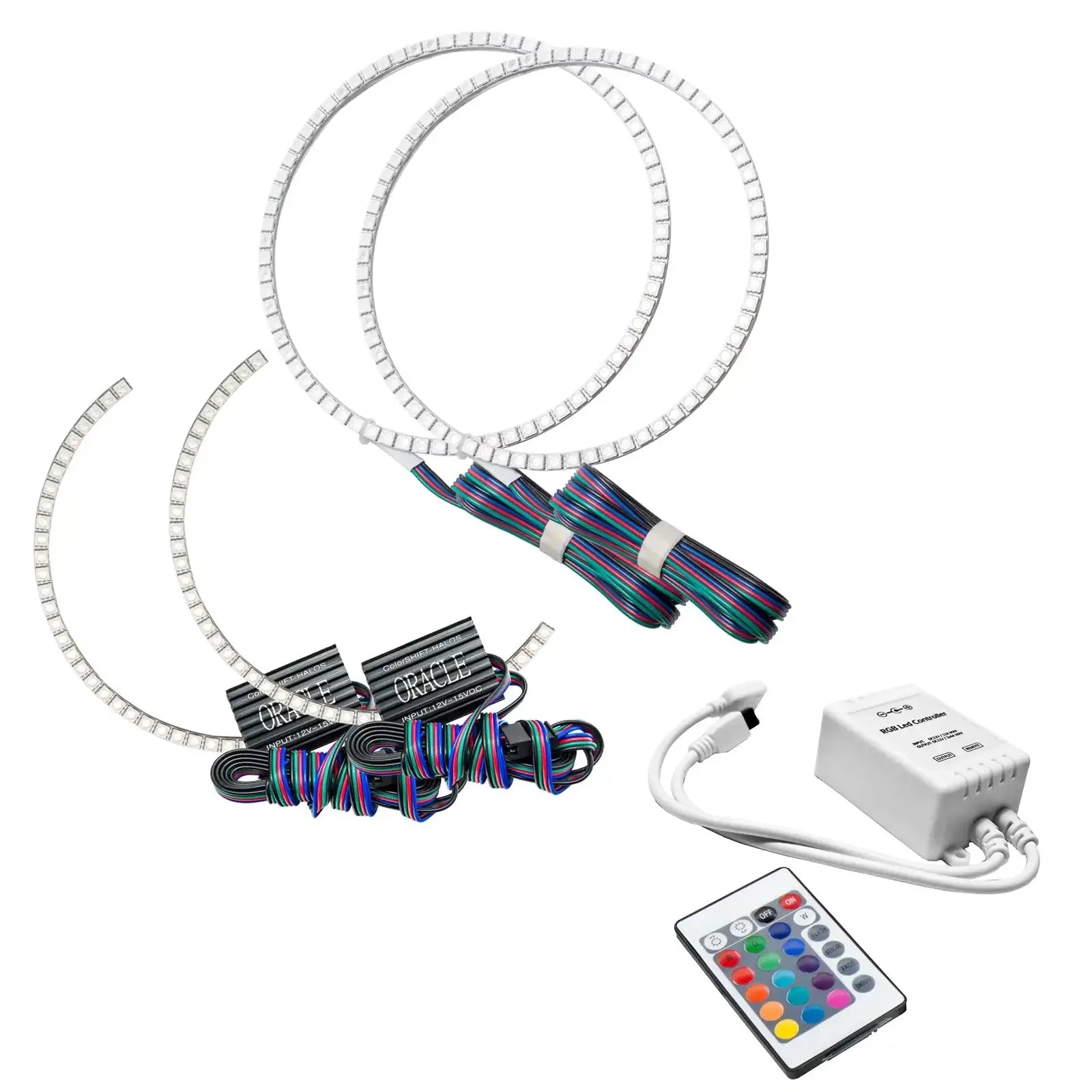 RGB LED halo ring headlight kit with remote and wiring, automotive accessory