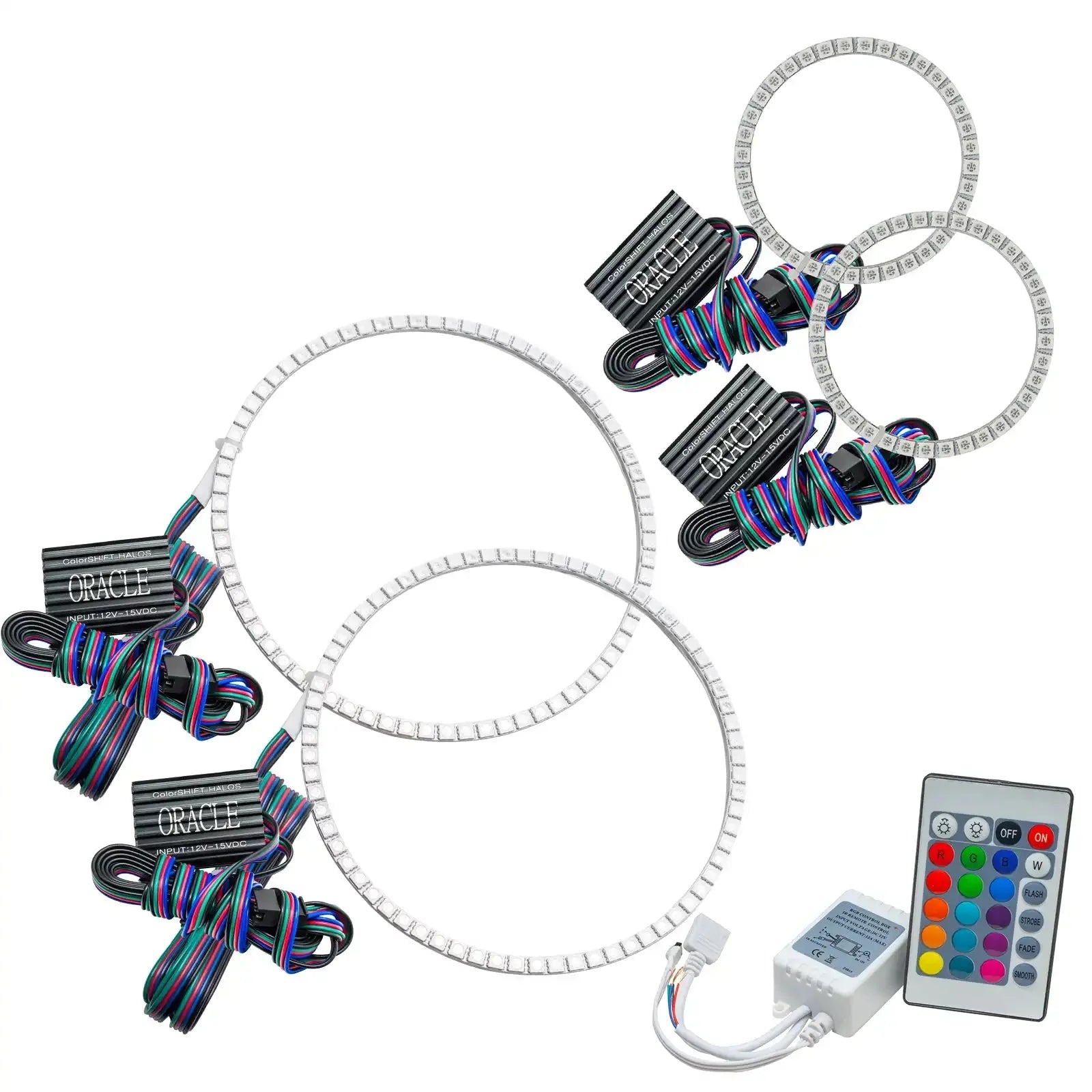Multicolor LED halo headlight rings with wiring, remote control, for vehicle lighting upgrade