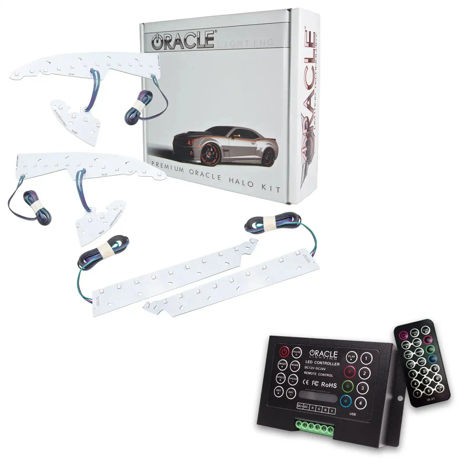 Oracle halo LED light kit with wiring, controller, remote, and packaging for vehicle headlights