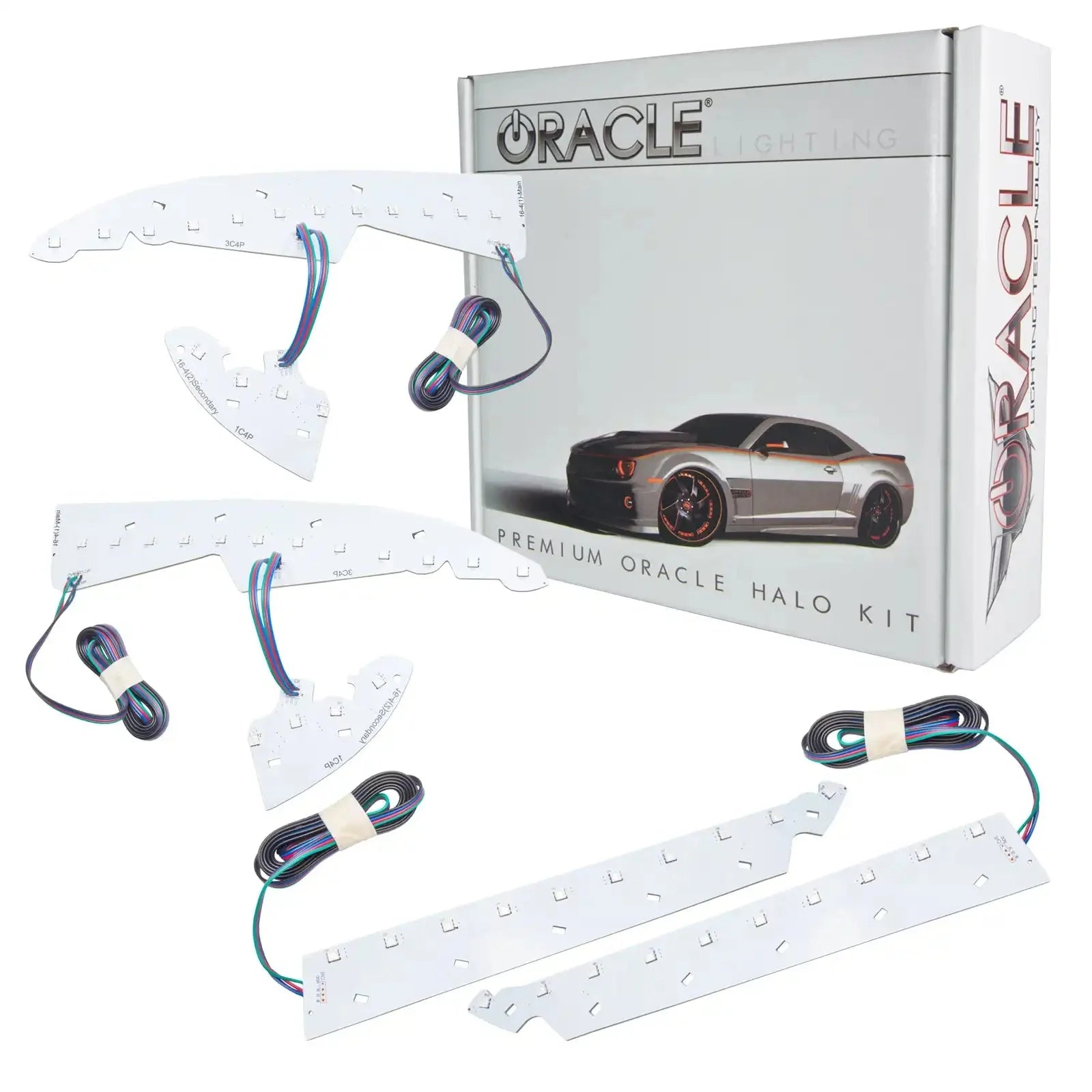 Oracle Lighting premium halo kit for vehicle headlights, shown with wiring and box.