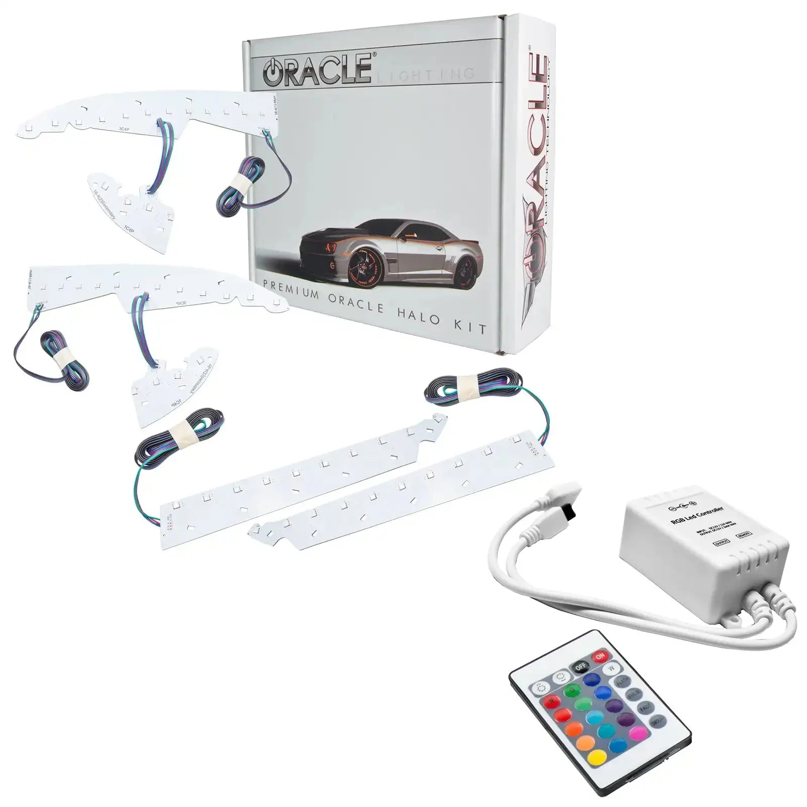 LED RGBW halo lighting kit with remote control and wiring for vehicle headlights, box included