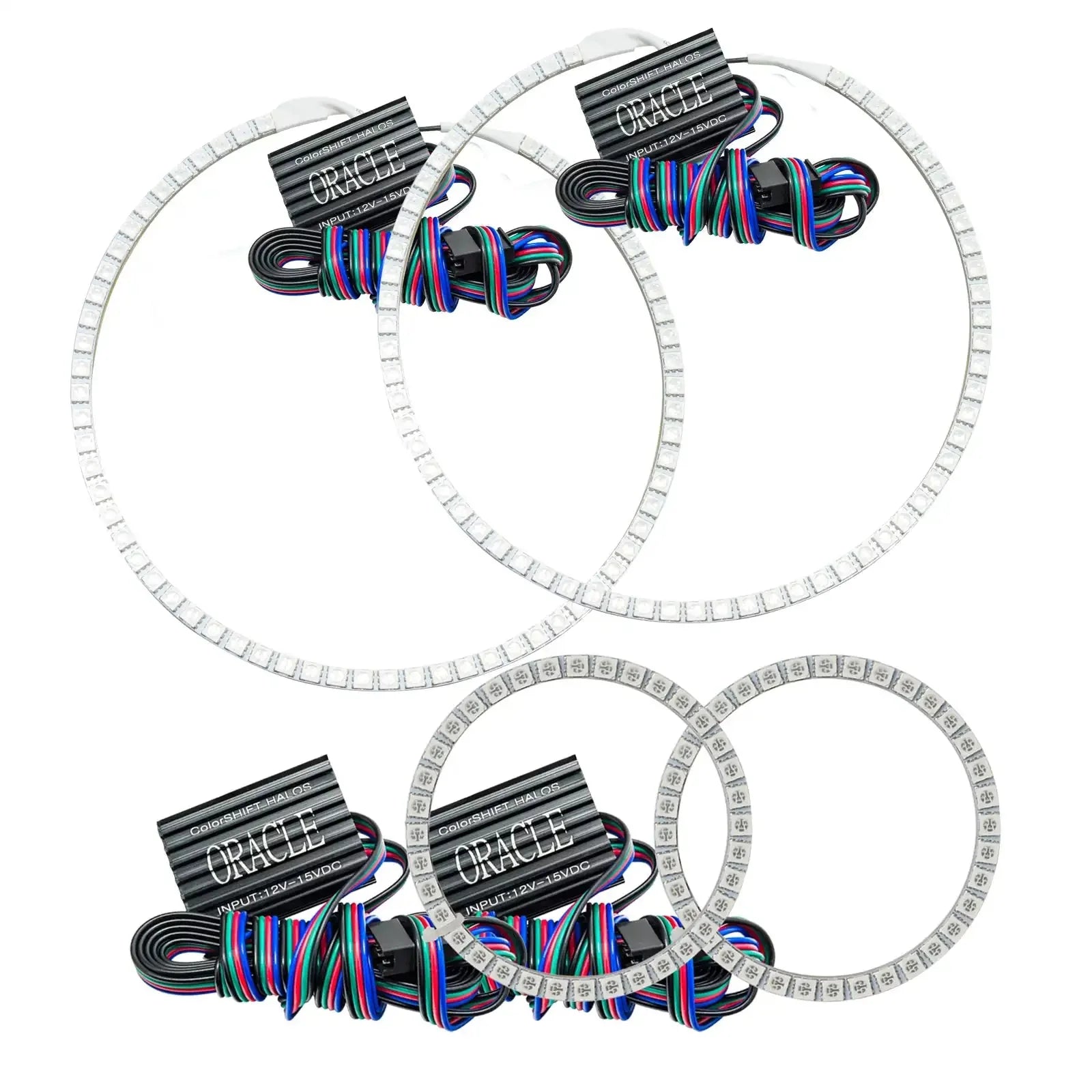 Four LED halo ring lights with wiring and controllers for vehicle headlights, overlanding accessories