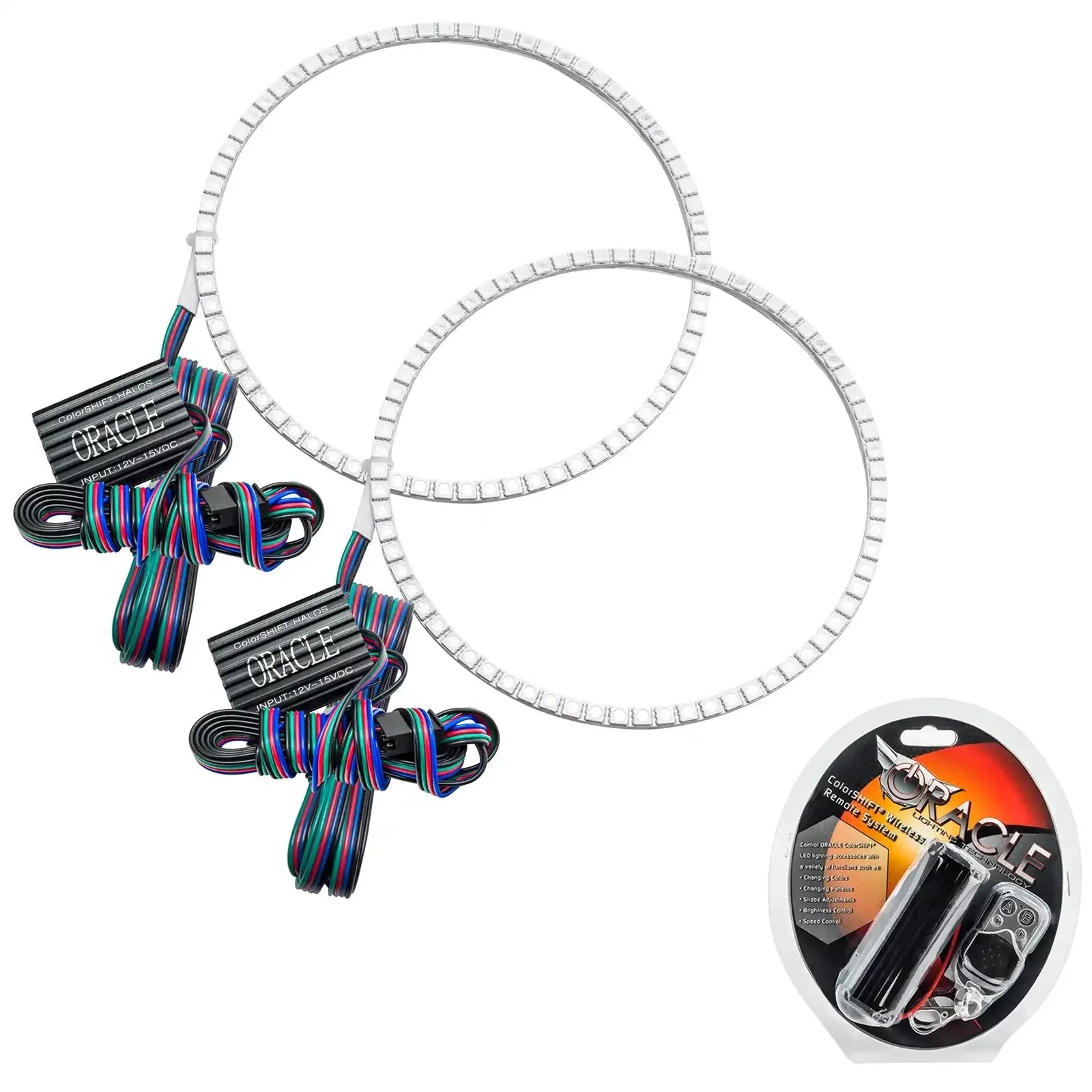 Pair of LED halo headlight rings with wiring and remote for vehicle lighting upgrade