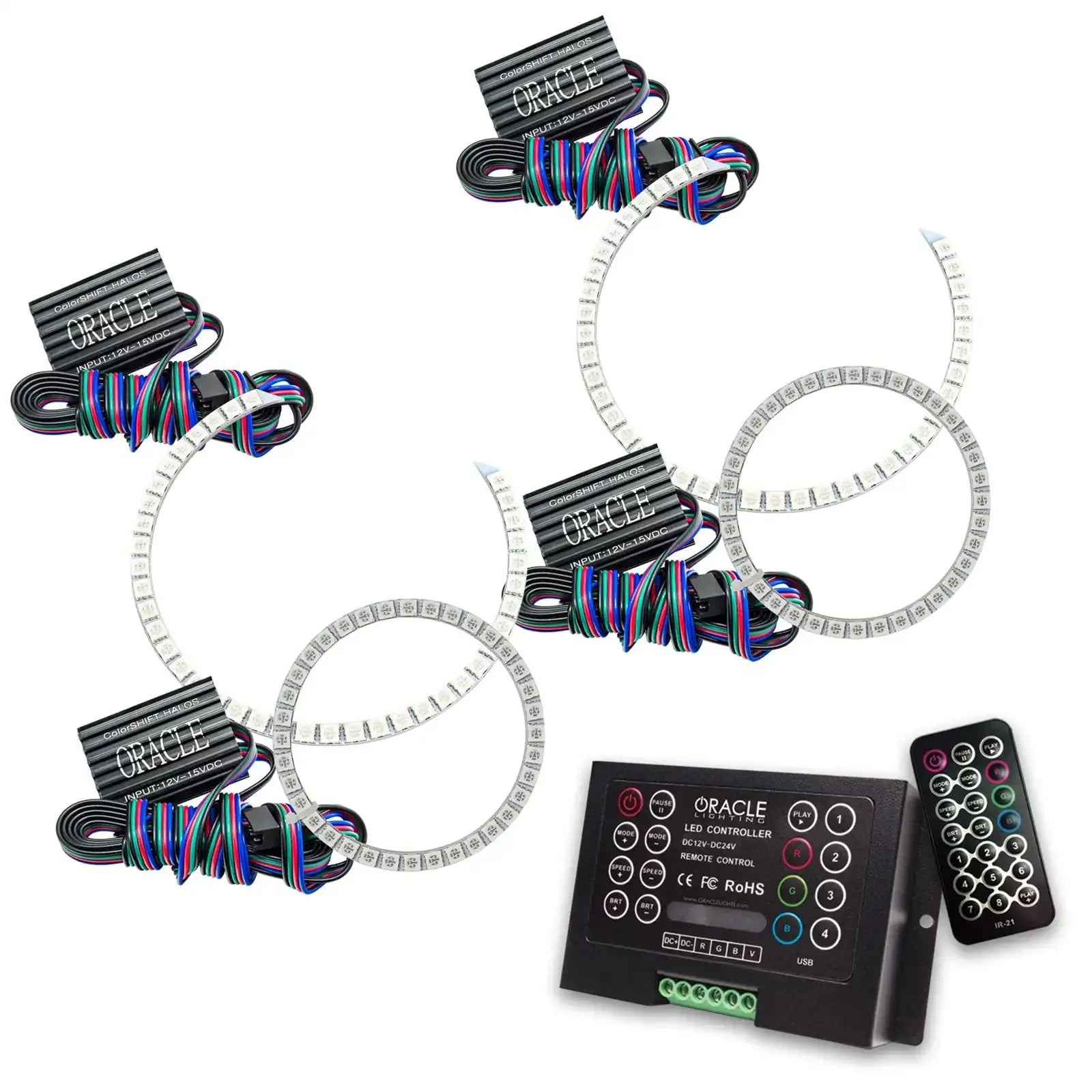 LED halo ring light kit with multicolor wiring, controller box, and remote for vehicle headlights