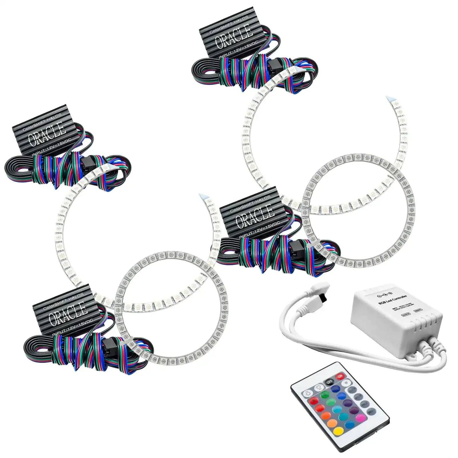RGB LED halo ring headlight kit with remote and wiring for off-road and overland vehicles