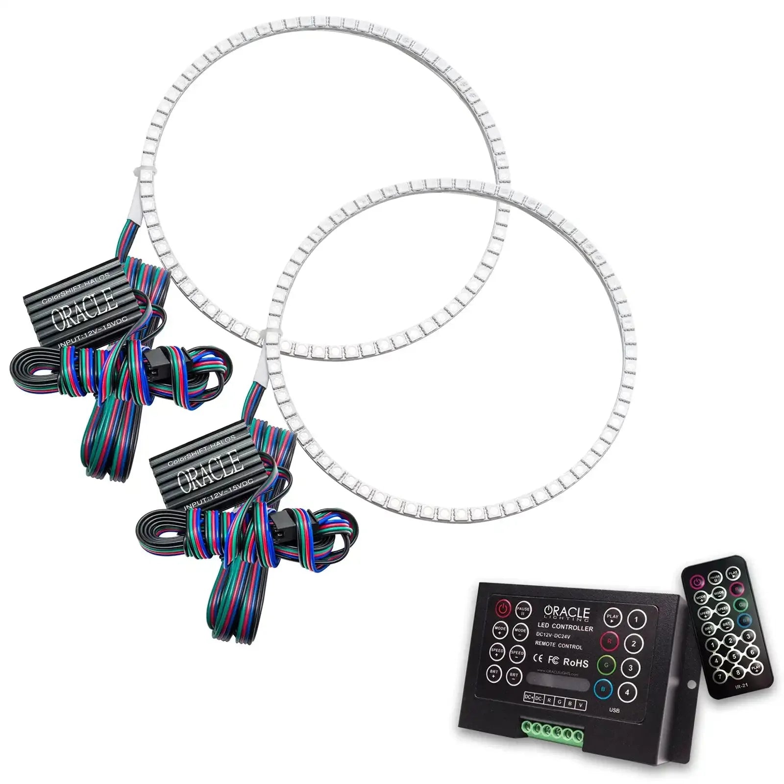 LED headlight halo ring kit with wiring, controller, and remote, ideal for off-road vehicles