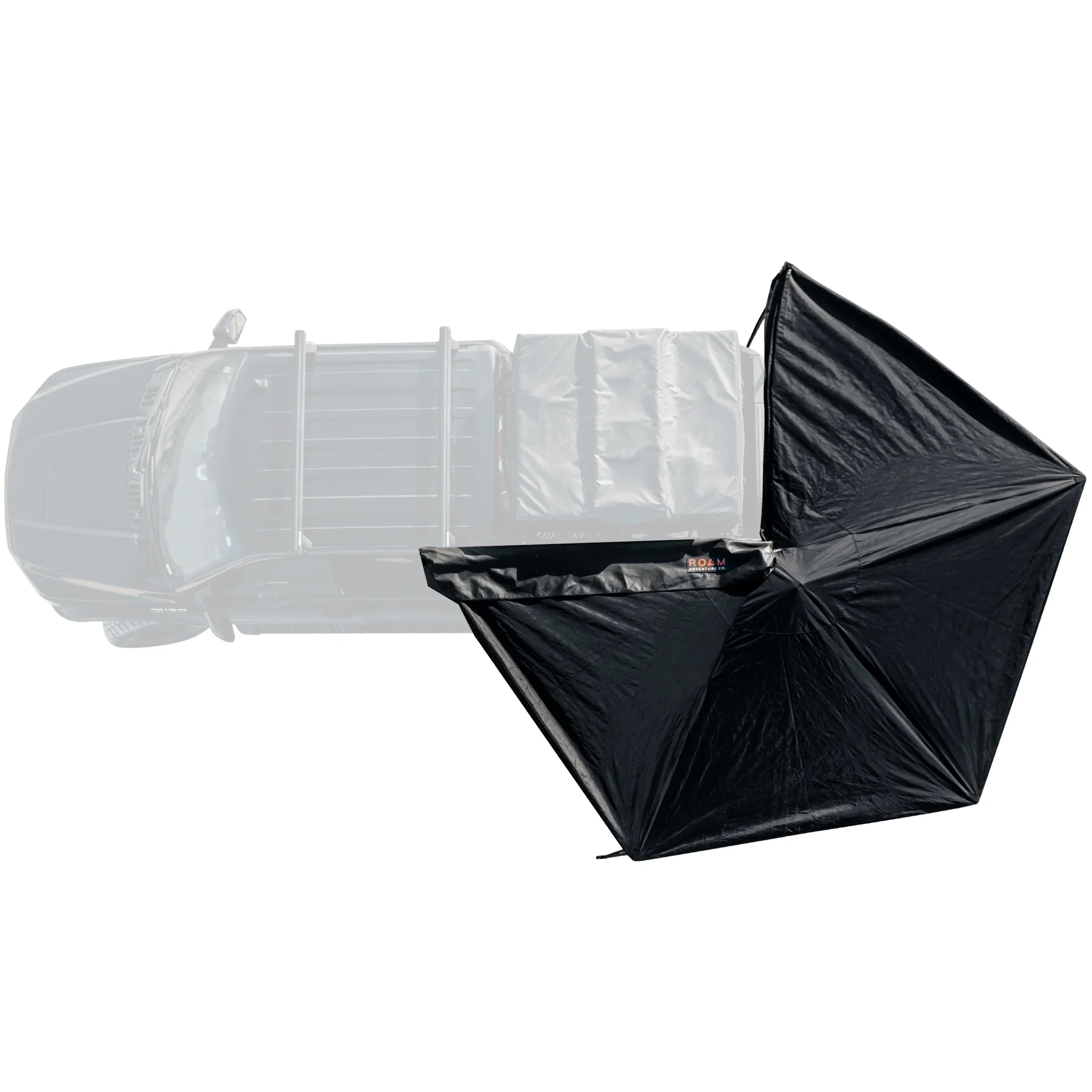 Overland vehicle with black 270-degree awning for camping and outdoor adventure