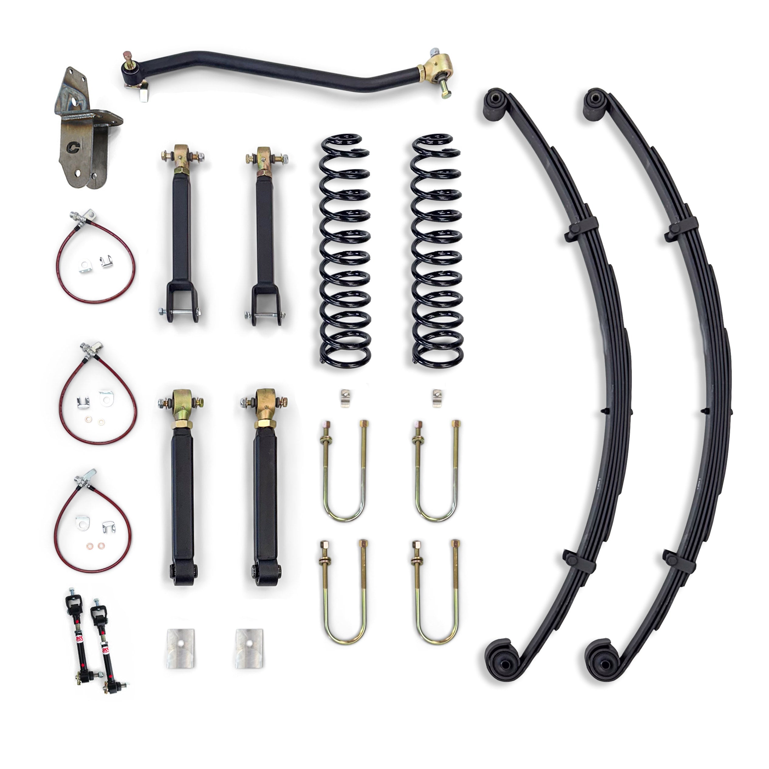Overland suspension lift kit with coil springs, leaf springs, control arms, and hardware for off-road vehicles