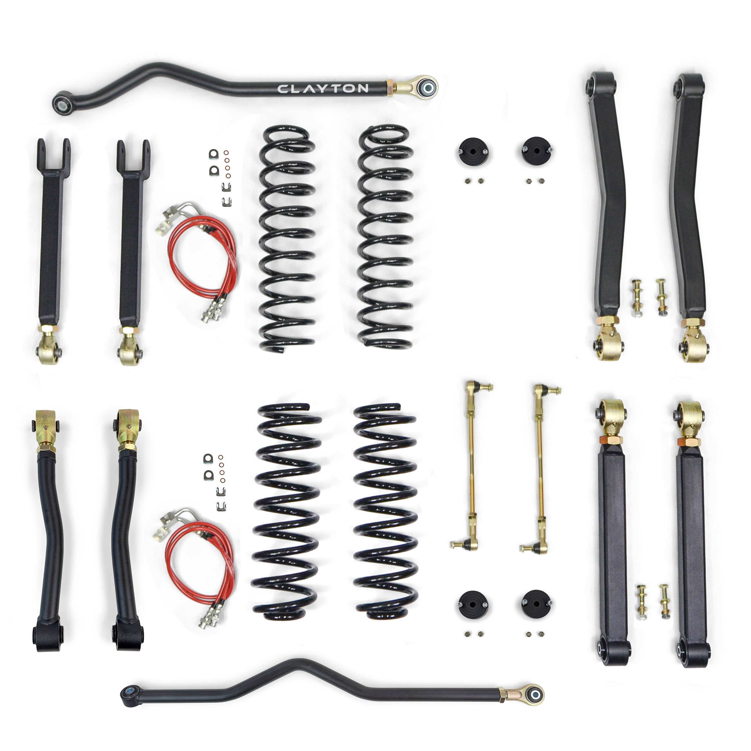 Overland vehicle suspension lift kit with control arms, springs, sway bar, and brake lines