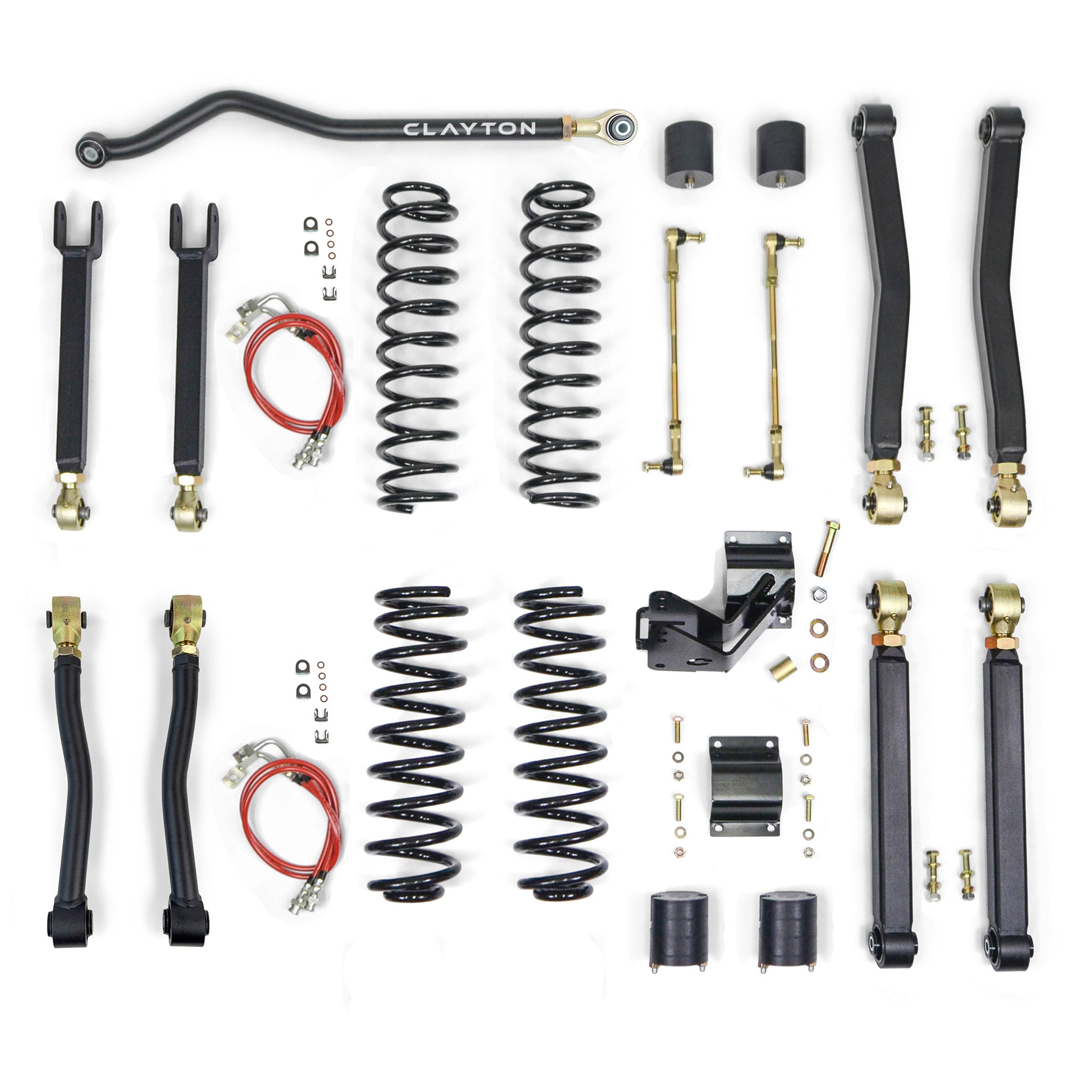 Jeep Wrangler suspension lift kit components including coil springs, control arms, sway bar links, and hardware for off-road and overlanding upgrades.