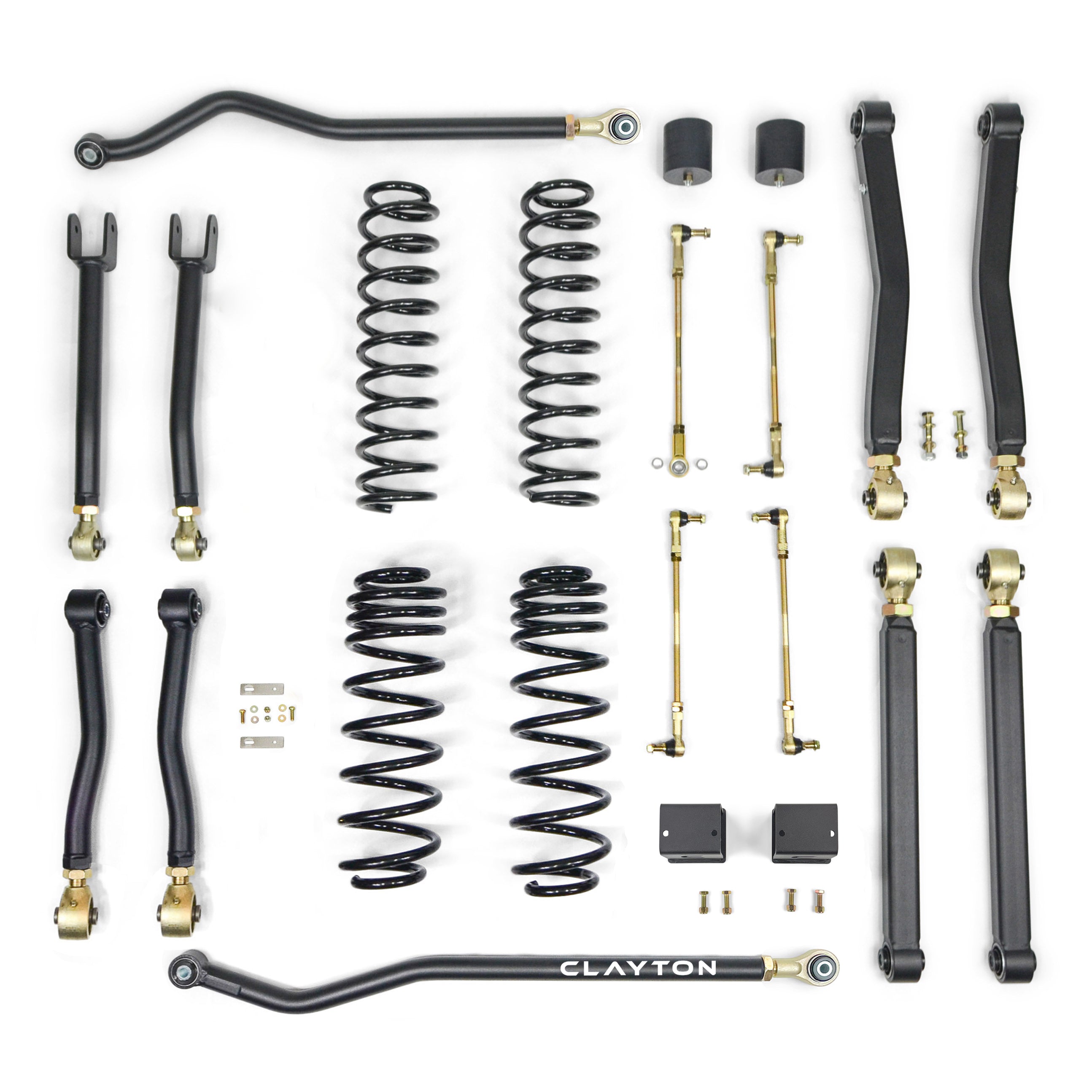 Jeep suspension lift kit with control arms, coil springs, sway bar links, and mounting hardware