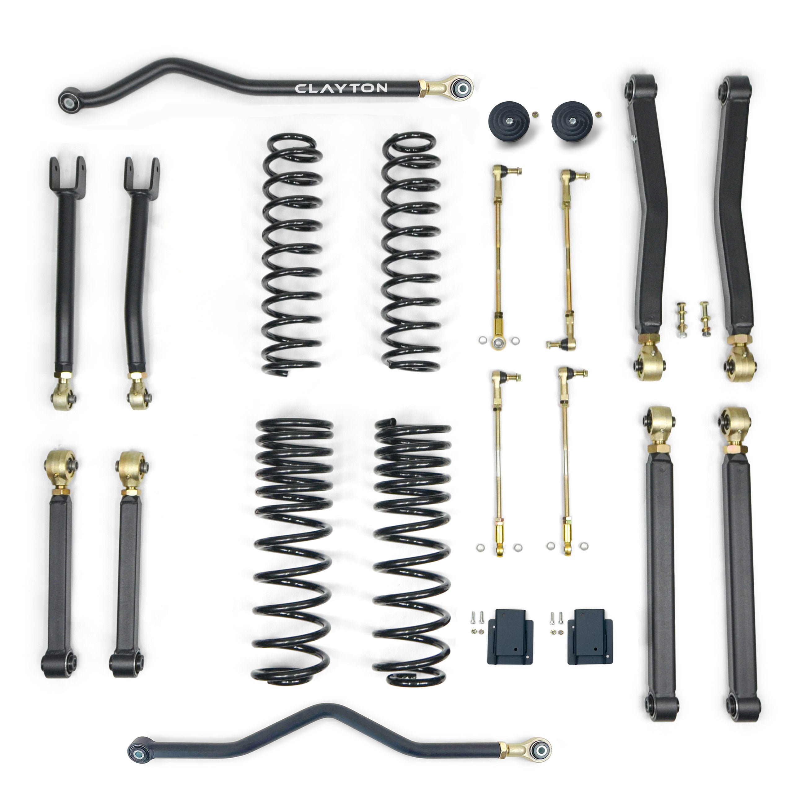 Jeep Wrangler lift kit components including coil springs, control arms, sway bars, and hardware