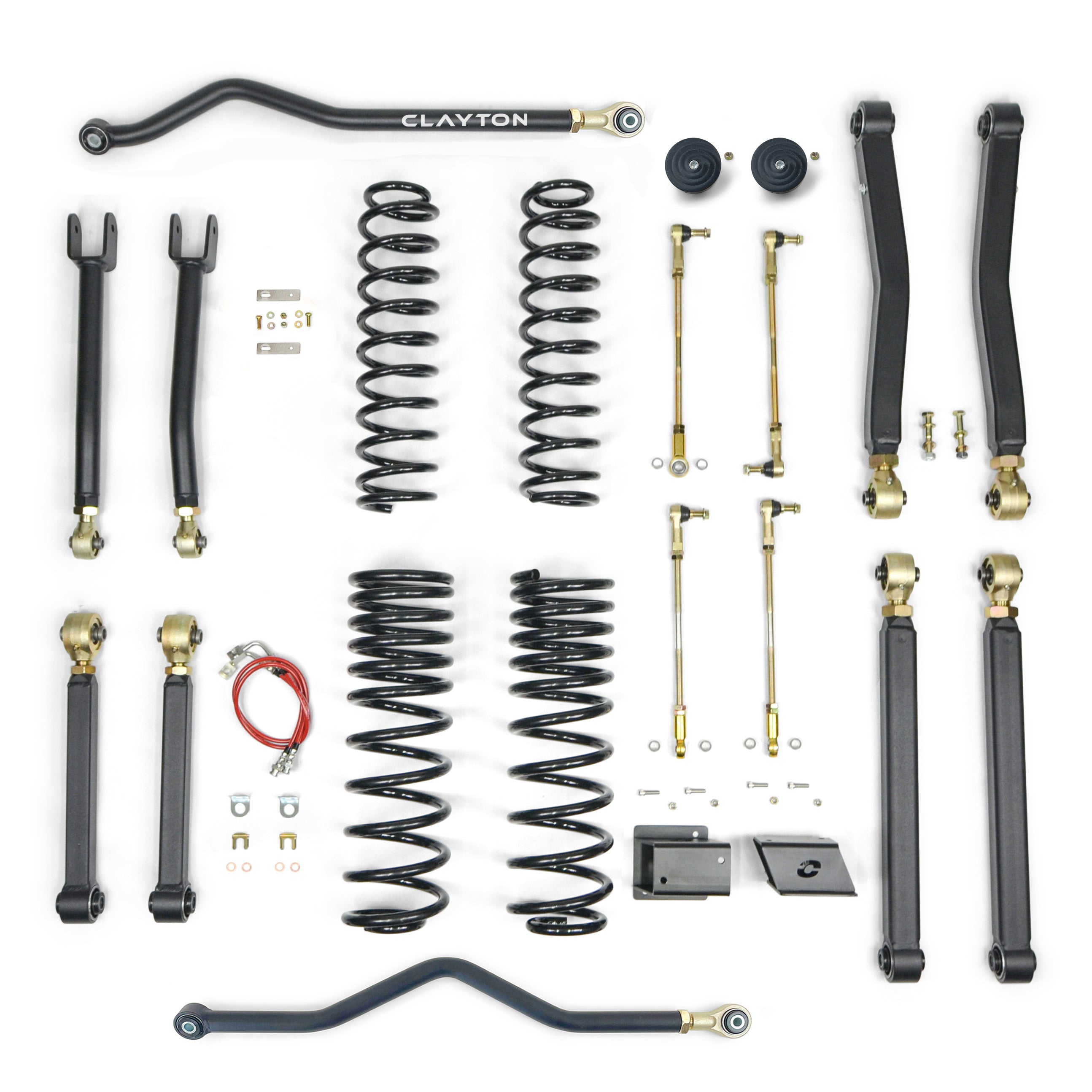 Jeep suspension lift kit with control arms, coil springs, sway bar links, and mounting hardware