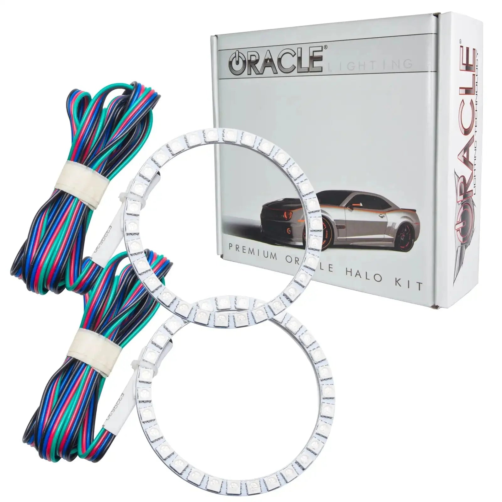 Car LED halo ring lights with wiring, automotive lighting kit package in white box