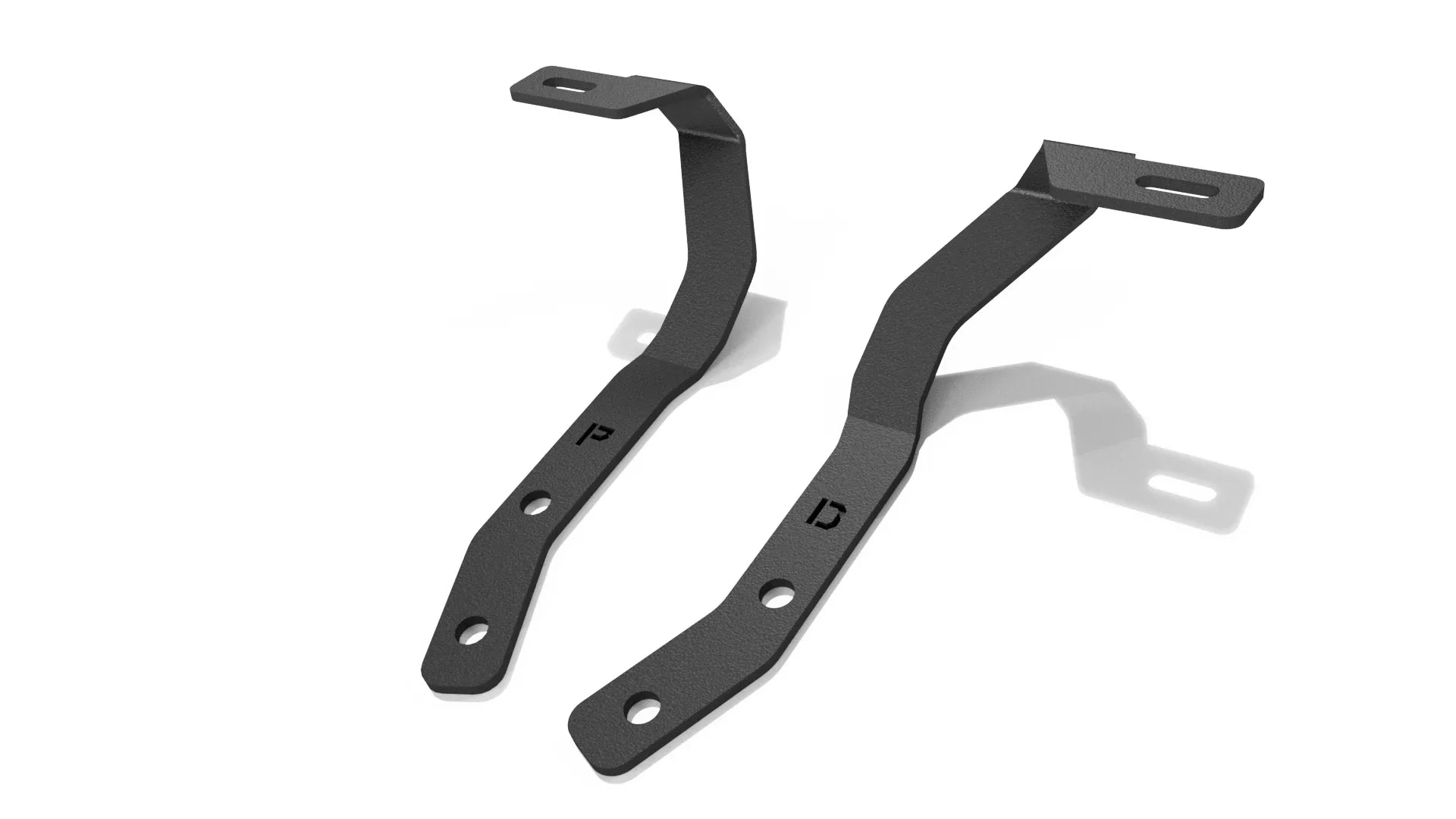 Pair of black metal mounting brackets with labeled cutouts for overland vehicle accessory installation