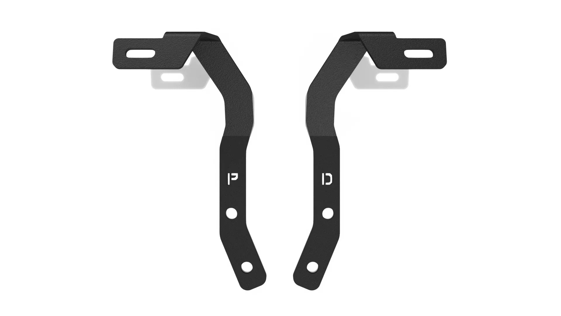 Pair of black powder-coated steel mounting brackets with cutouts, for vehicle accessory installation