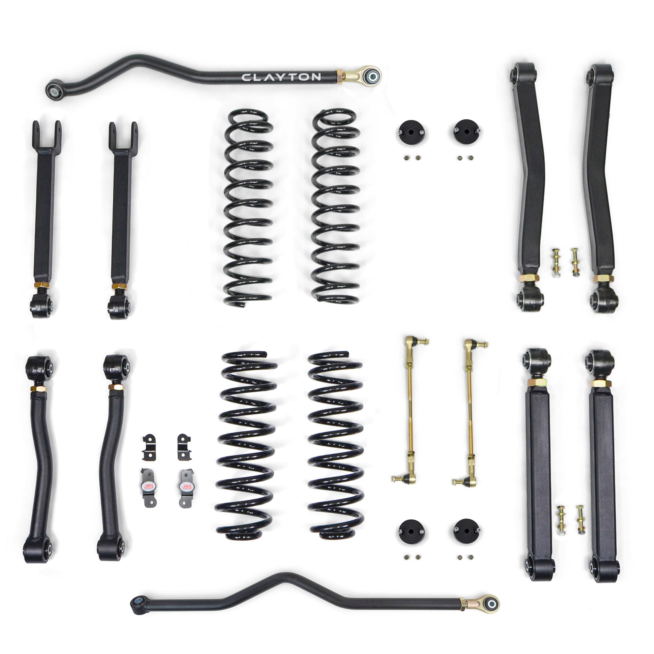 Jeep suspension lift kit with control arms, coil springs, sway bars, and hardware arranged flat