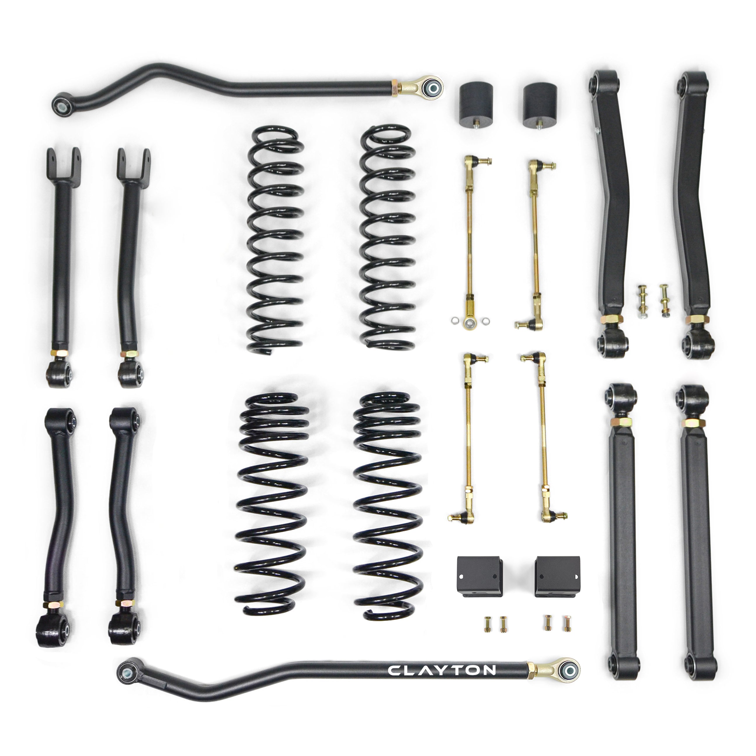 Jeep Wrangler suspension lift kit with control arms, coil springs, sway bar links, and bushings