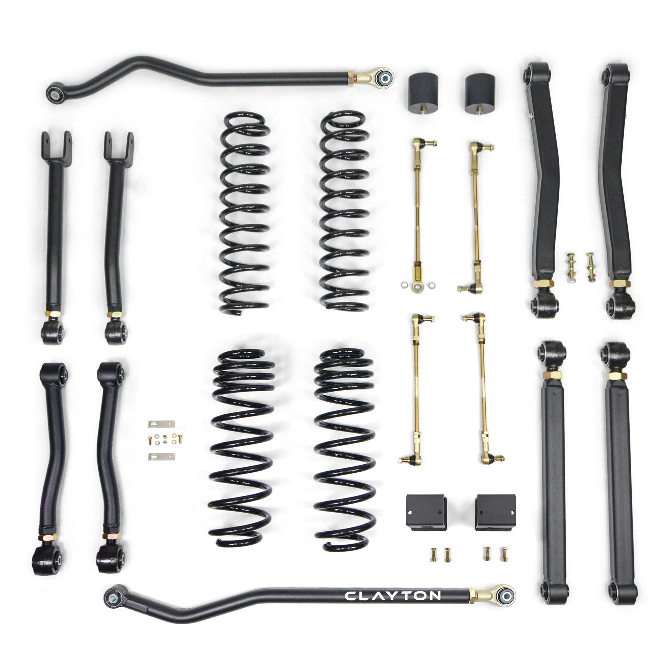 Jeep Wrangler suspension lift kit with control arms, coil springs, track bar, and hardware