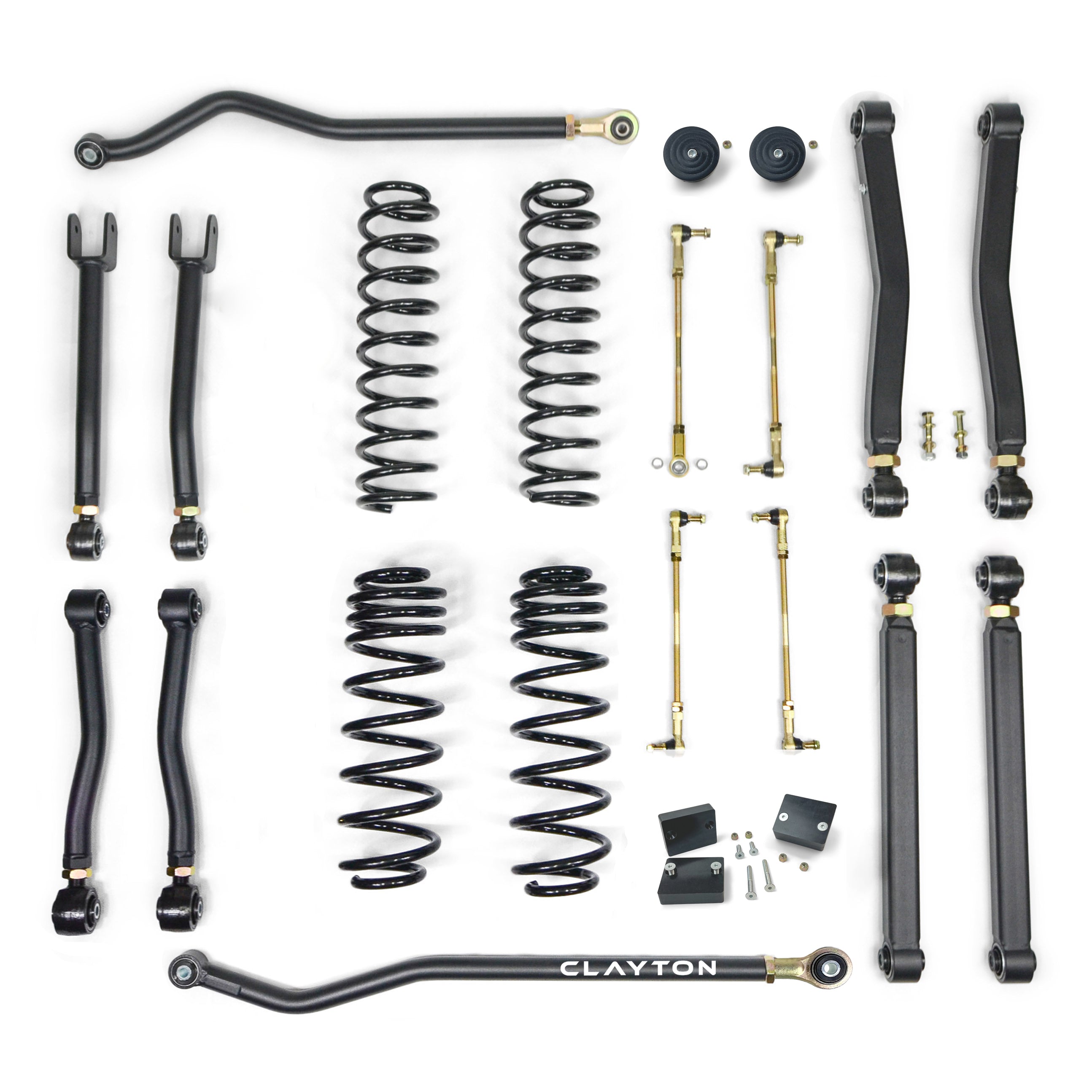 Overland suspension lift kit with control arms, coil springs, sway bar links, and hardware for off-road vehicles