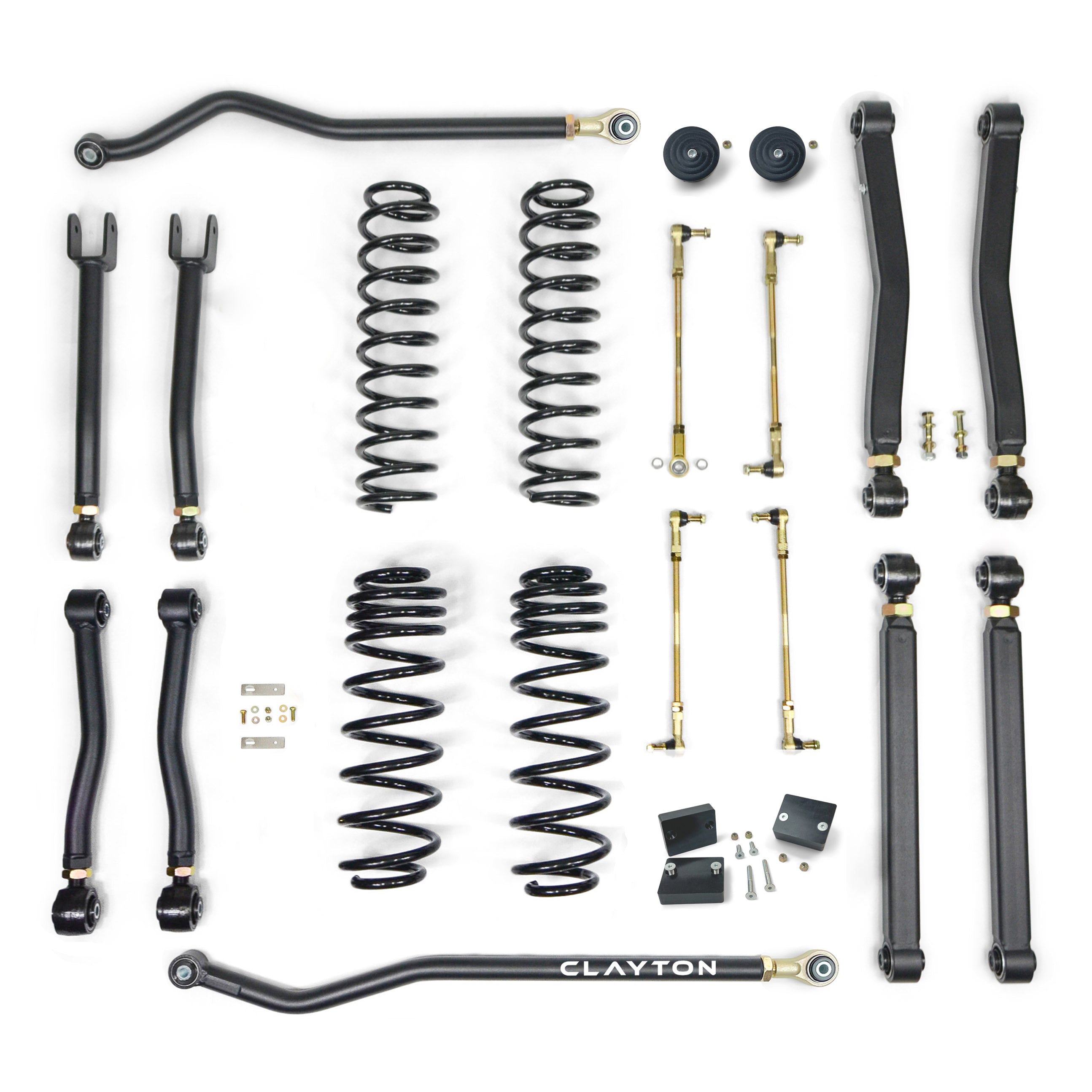 Jeep Wrangler suspension lift kit with control arms, coil springs, sway bar links, and hardware