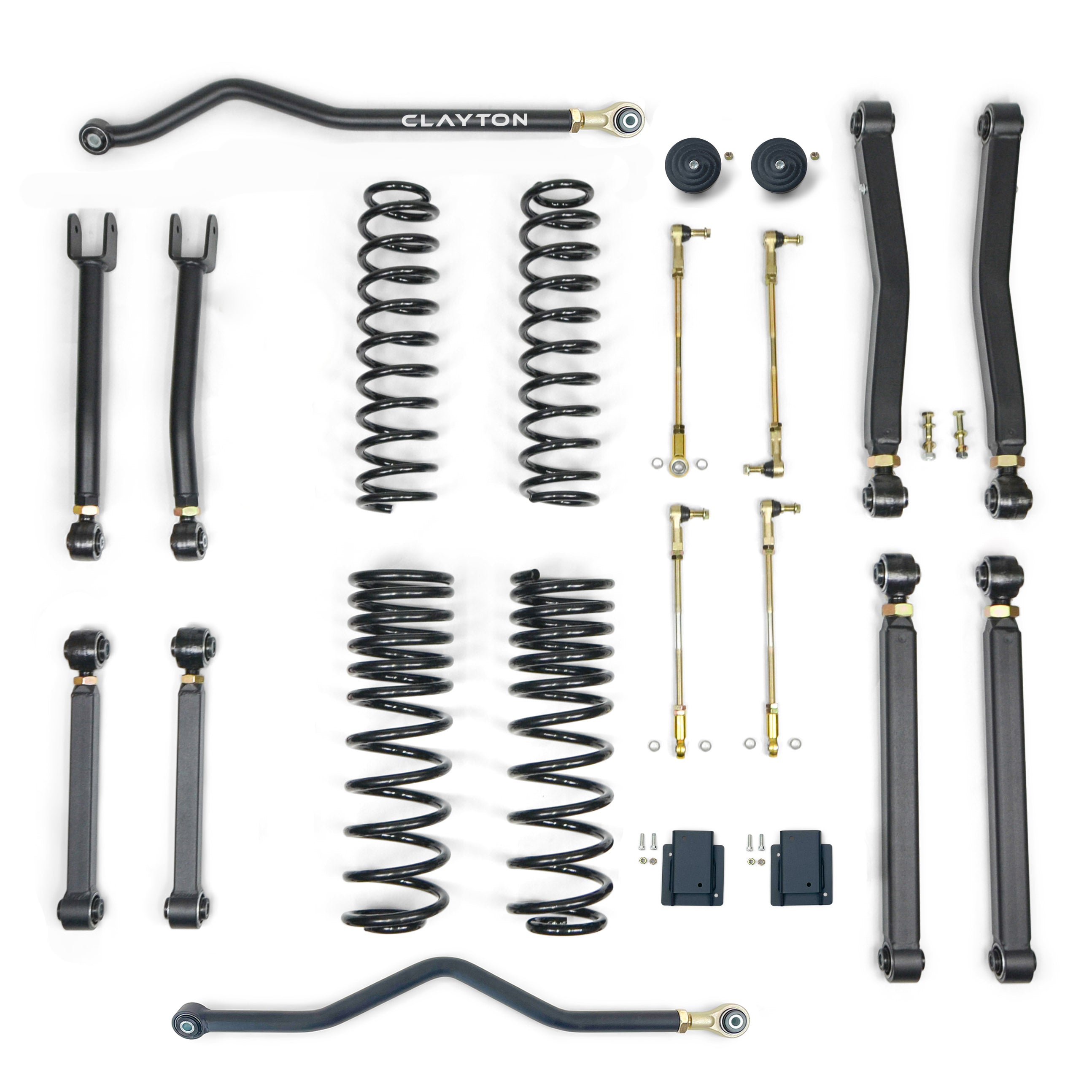 Jeep Wrangler lift kit suspension components including control arms, springs, sway bar links and bushings.